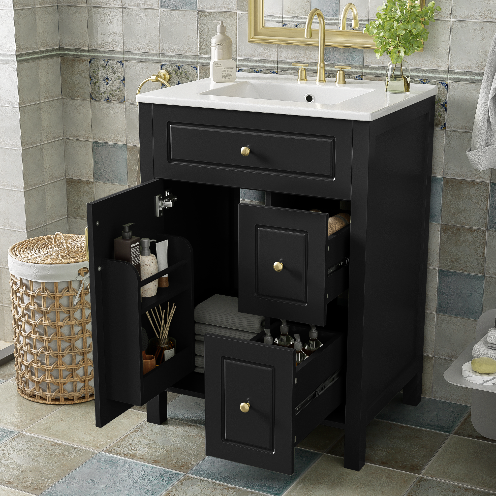 Vanité salle bain 24 po lavabo céramique 1 porte 2 tiroirs