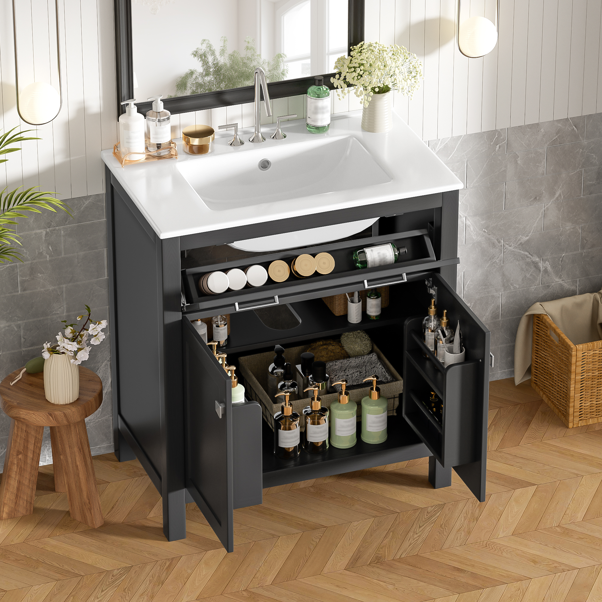 Vanité salle bain 30po céramique noir 2 portes fermeture douce