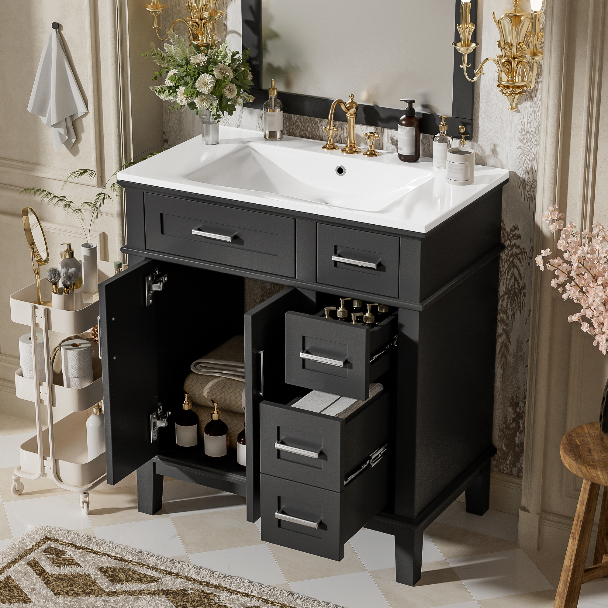 Vanité salle bain 30", céramique, rangement moderne