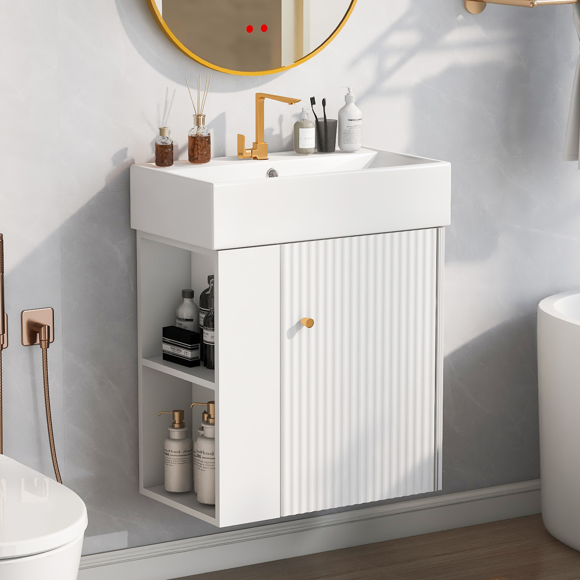 Meuble-lavabo flottant 21,6po avec bassin céramique, rangement gauche