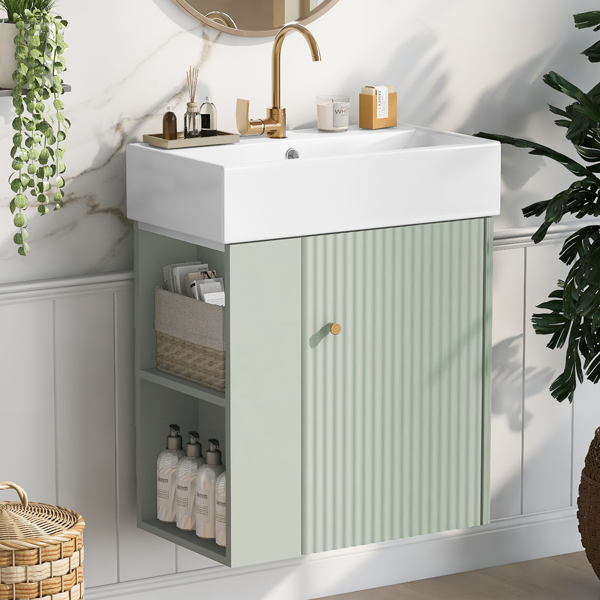 Meuble-lavabo flottant 21,6po avec bassin céramique, rangement gauche