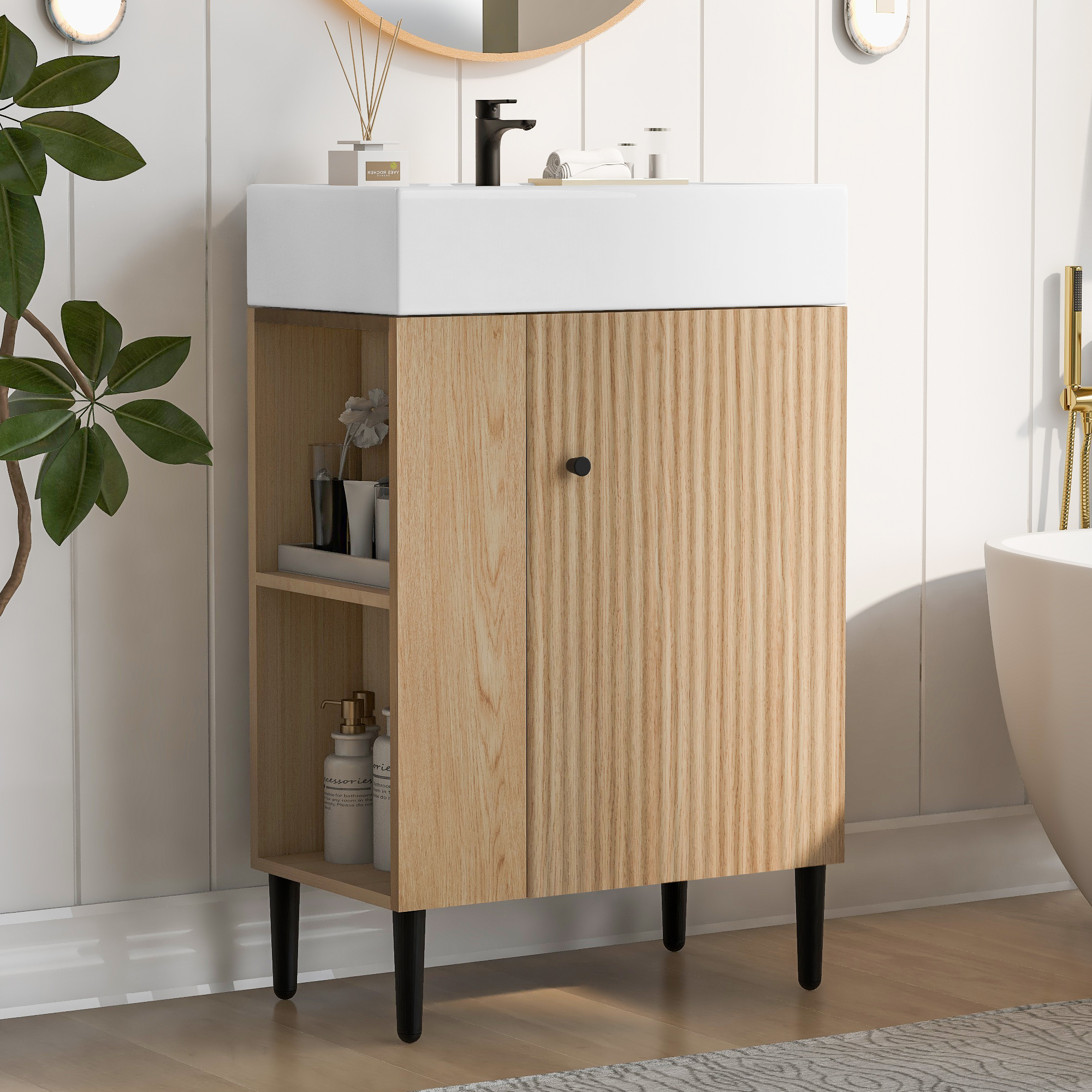 Meuble-lavabo bois 21.6", armoire combo, rangement, lavabo céramique