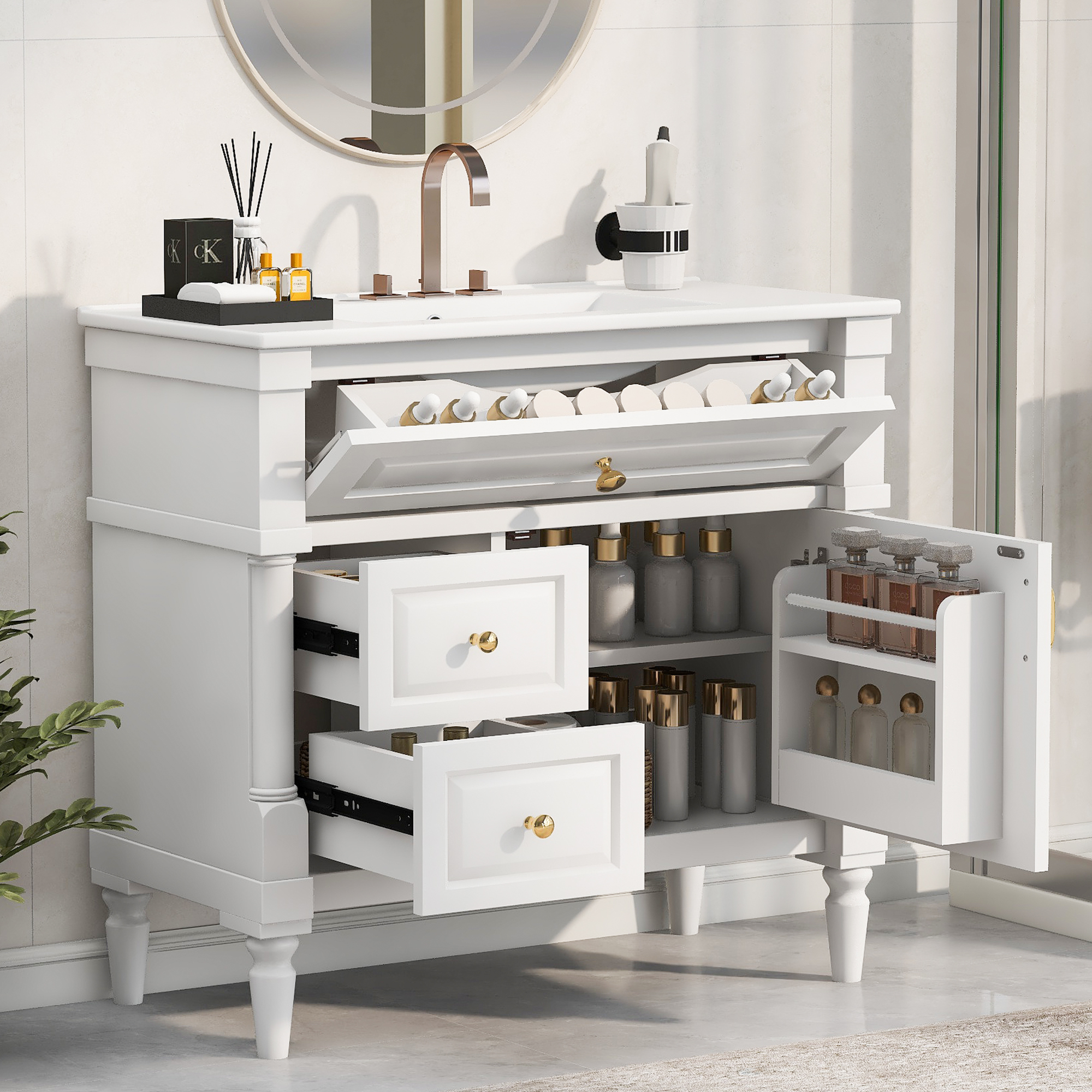Vanité salle bain 36po, meuble cabinet bassin céramique blanc