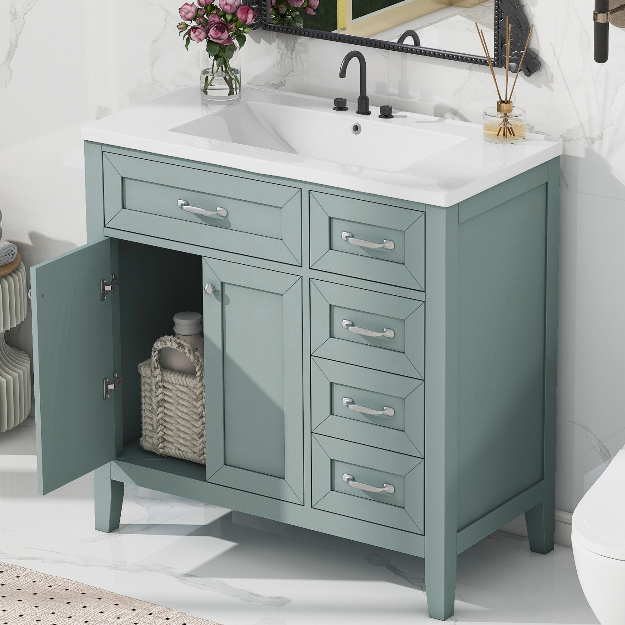 Vanité salle de bain 36 po vert avec tiroirs MDF