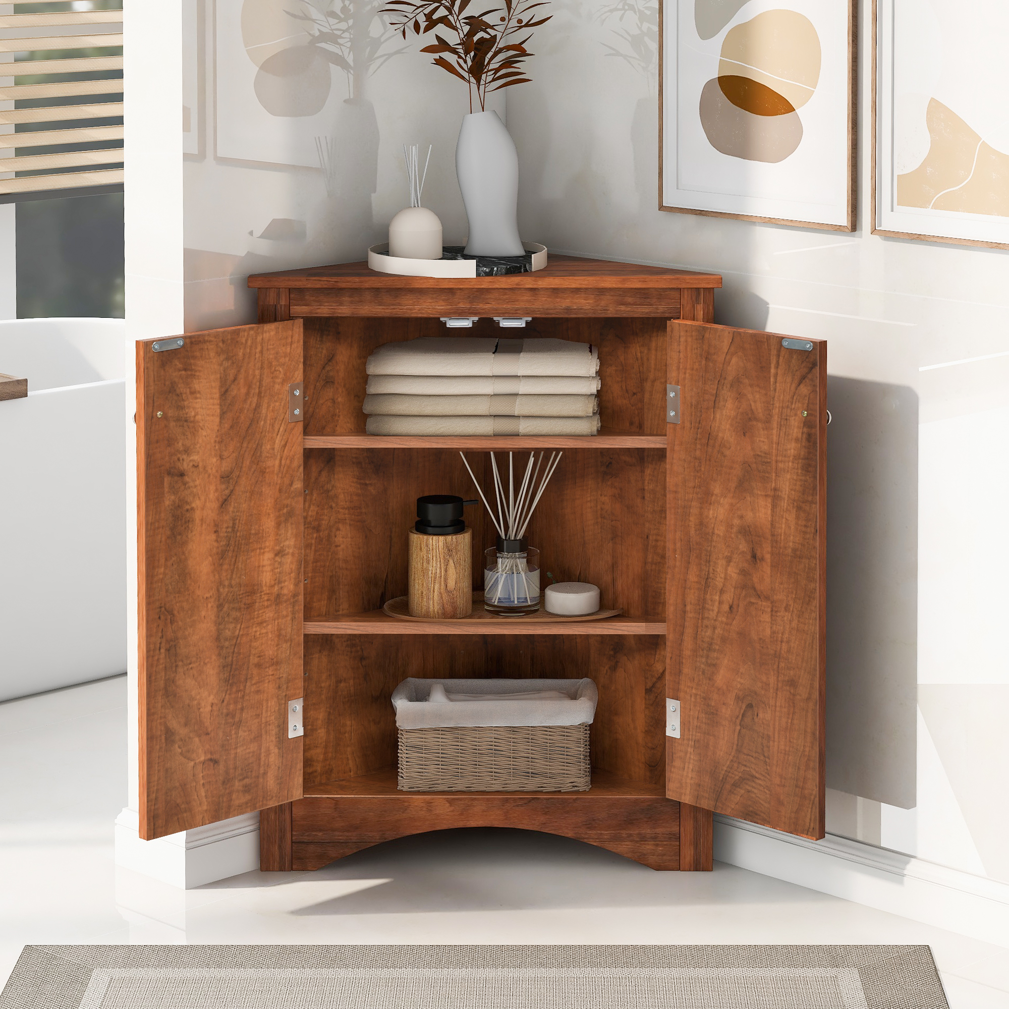 Armoire rangement salle bain triangle brun tablettes ajustables