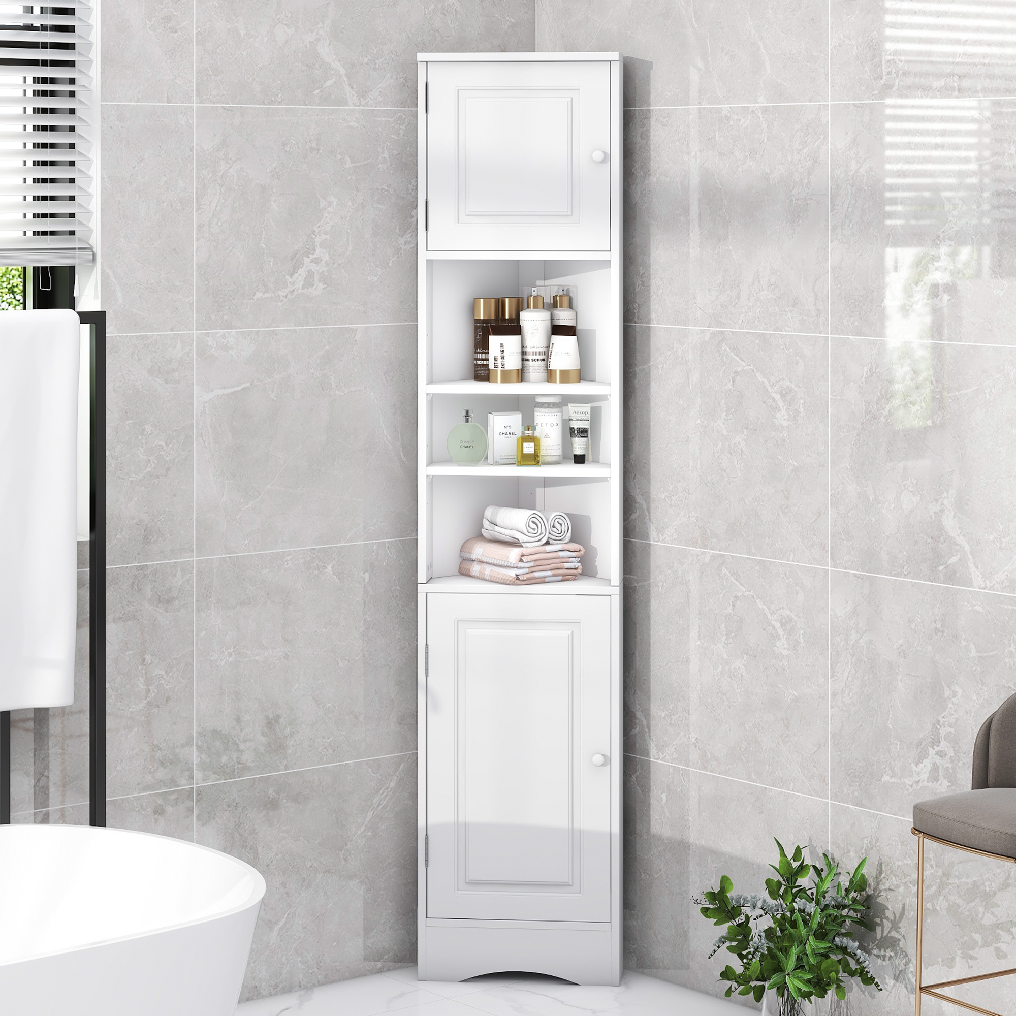 Meuble coin salle de bain deux portes blanc réglable
