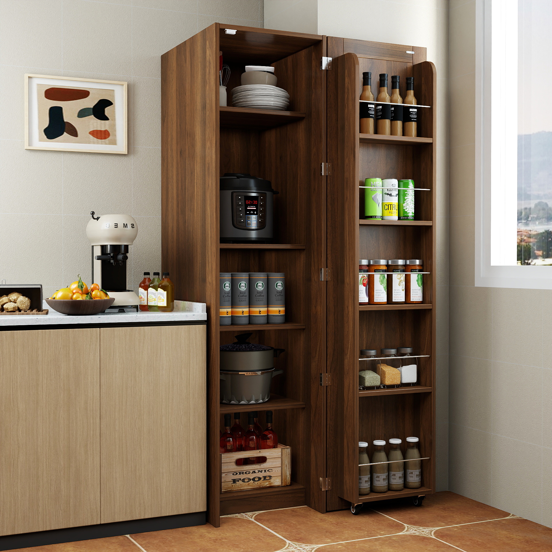 Armoire pantry cuisine brun buffet meuble rangement portes étagères