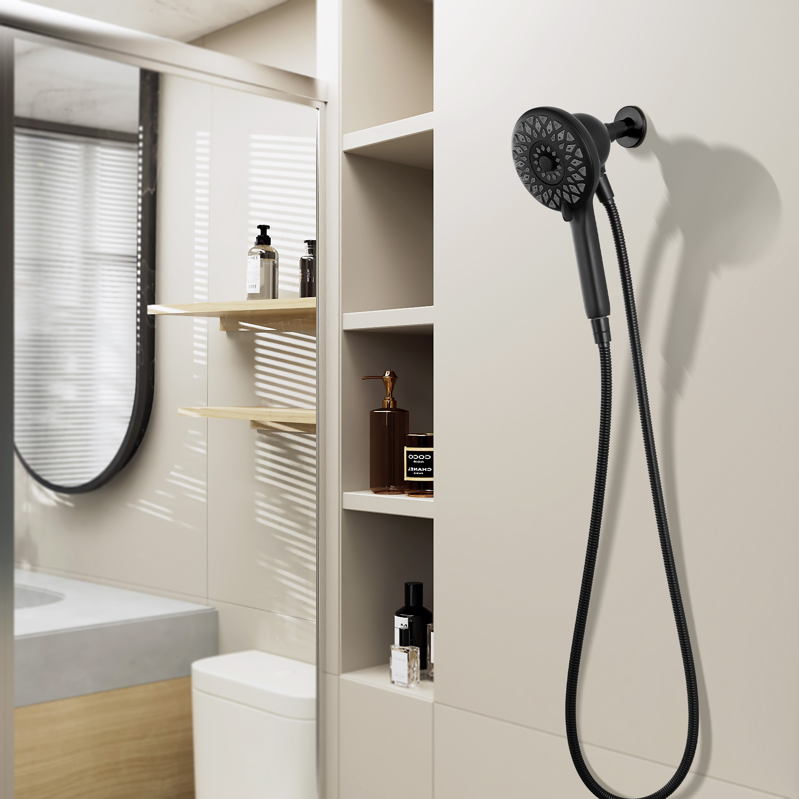 Pommeaux douche 6 modes noir mat 60po tuyau