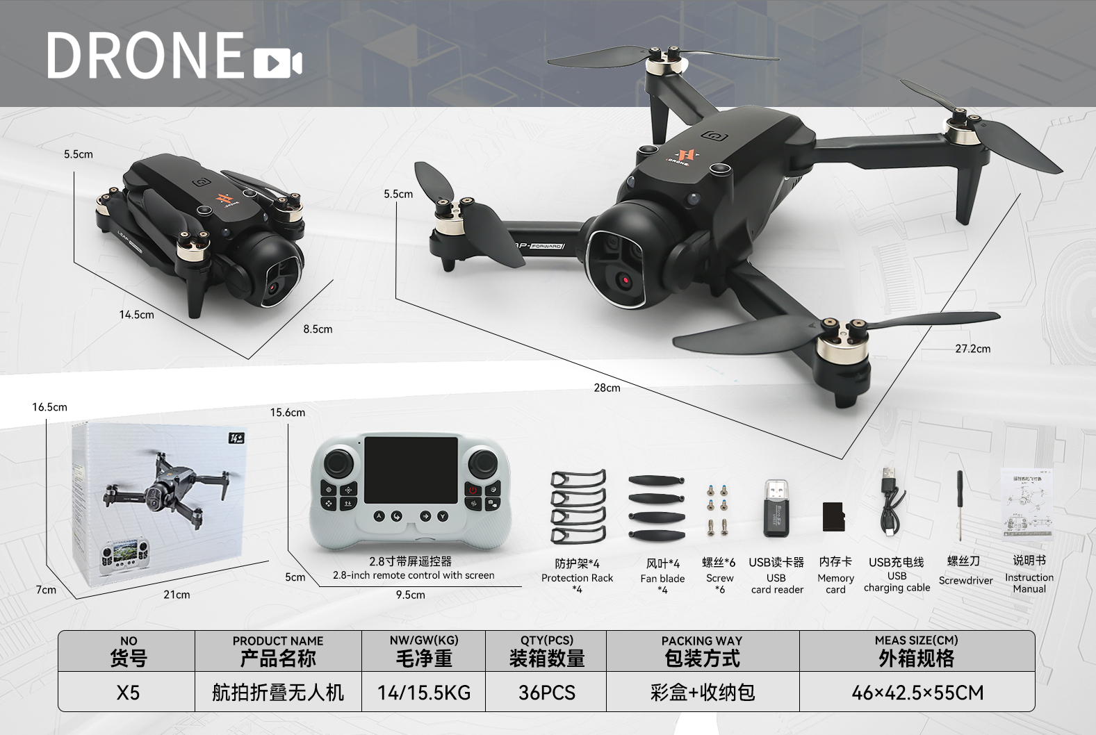 Drone X5 écran 2,8po double moteur noir