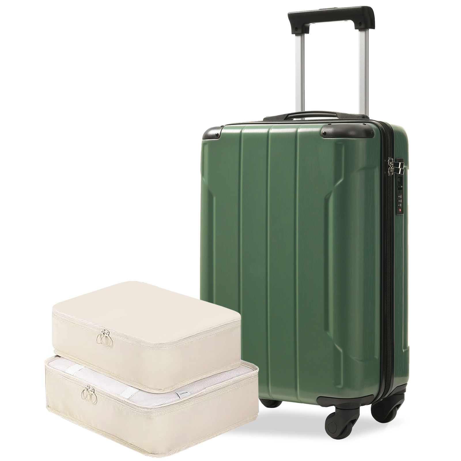 Valise rigide 20po vert, roues pivotantes, serrure TSA, 2 cubes