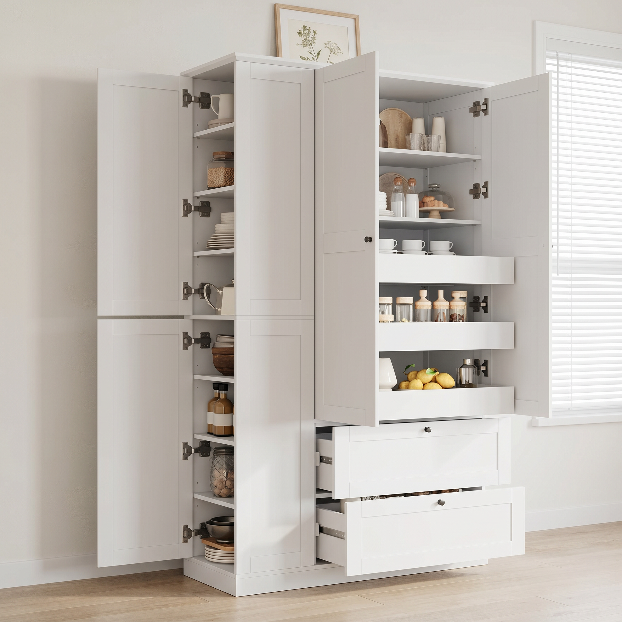 TOPMAX Armoire cuisine 73.6 po fermier, 7 tablettes, blanche