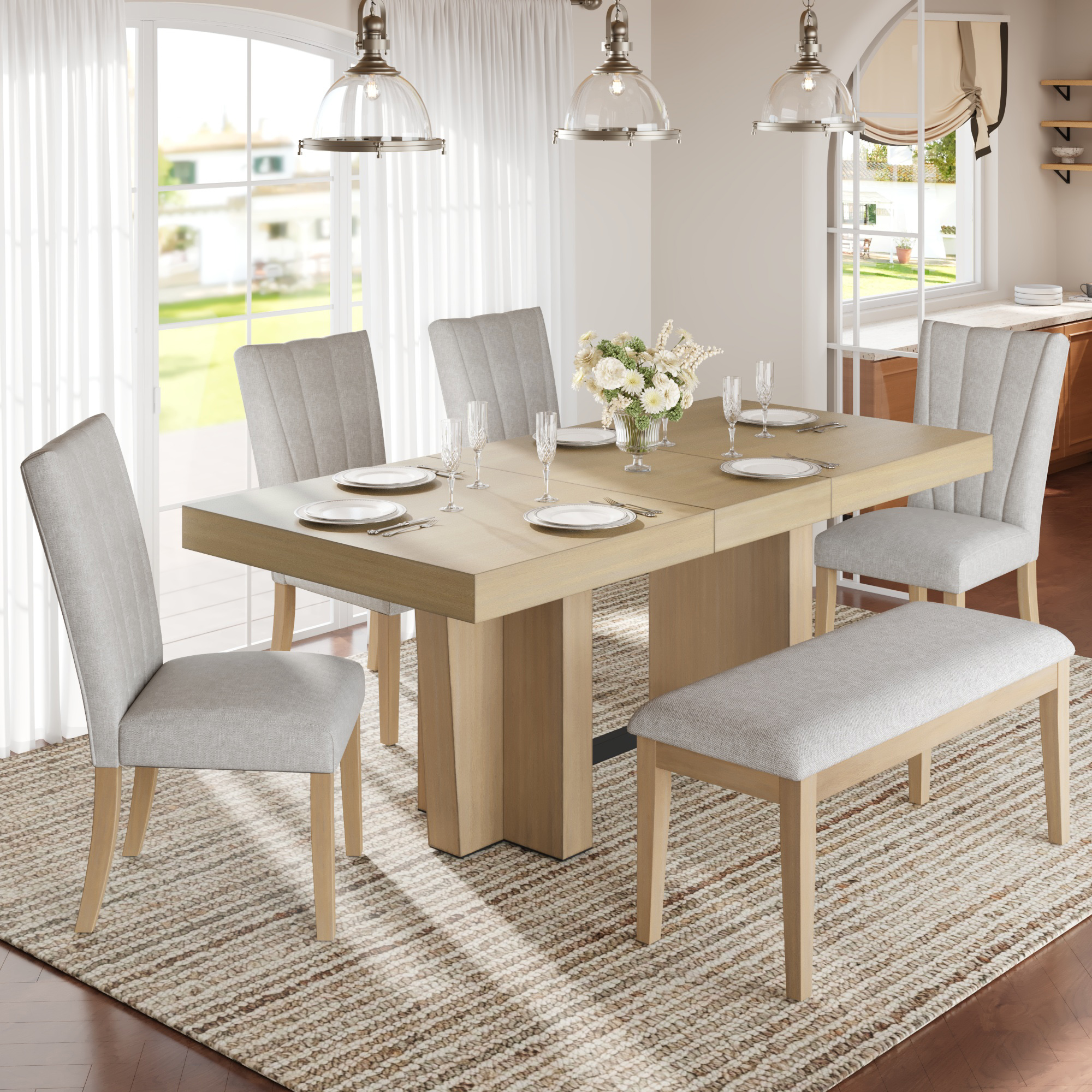 TOPMAX Table salle à manger 78,1" - 6 places, banc, 4 chaises beige