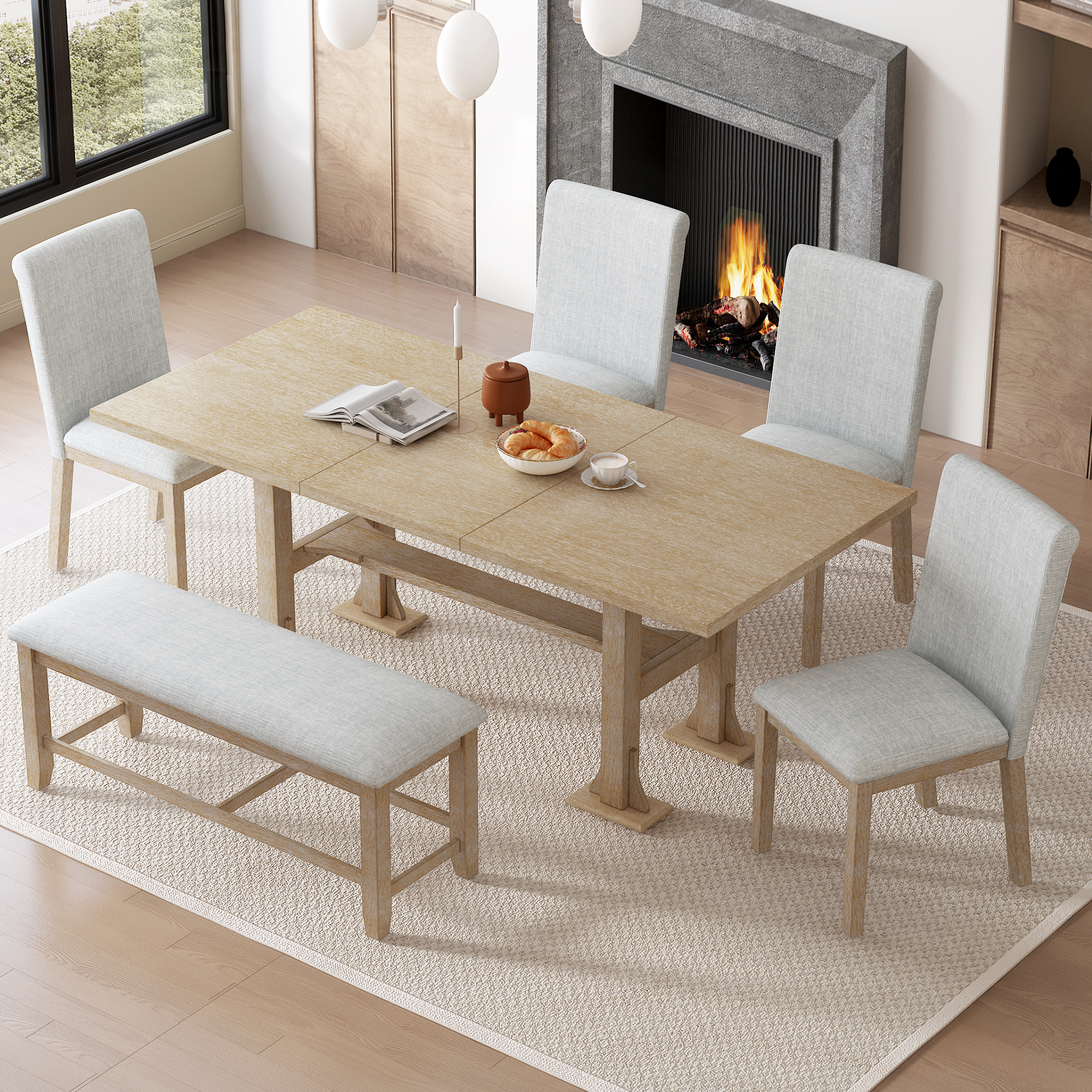 TOPMAX Table salle à manger 76po 6 pcs extensible gris