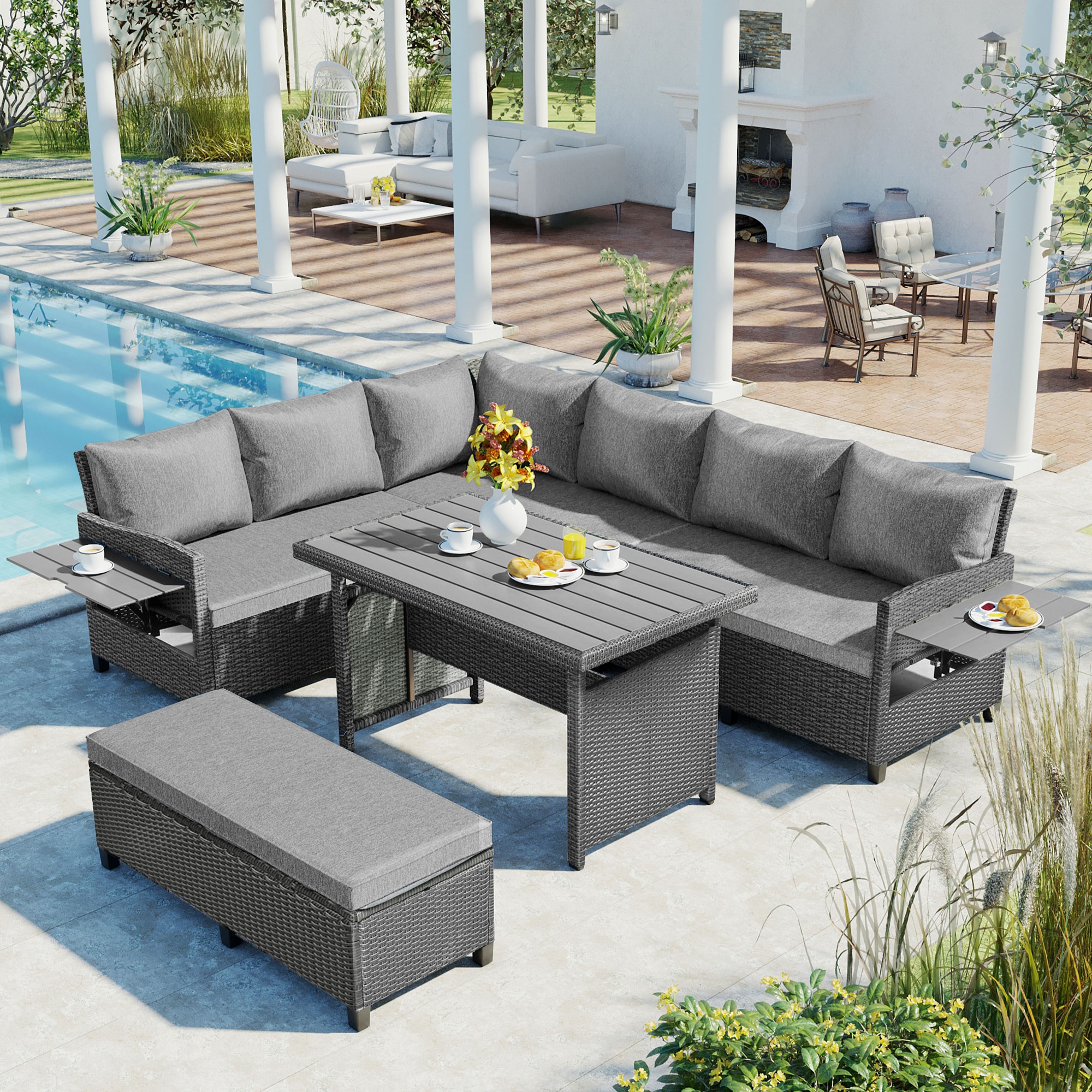 TOMAX ensemble sofa rotin 5 pièces L gris coussins