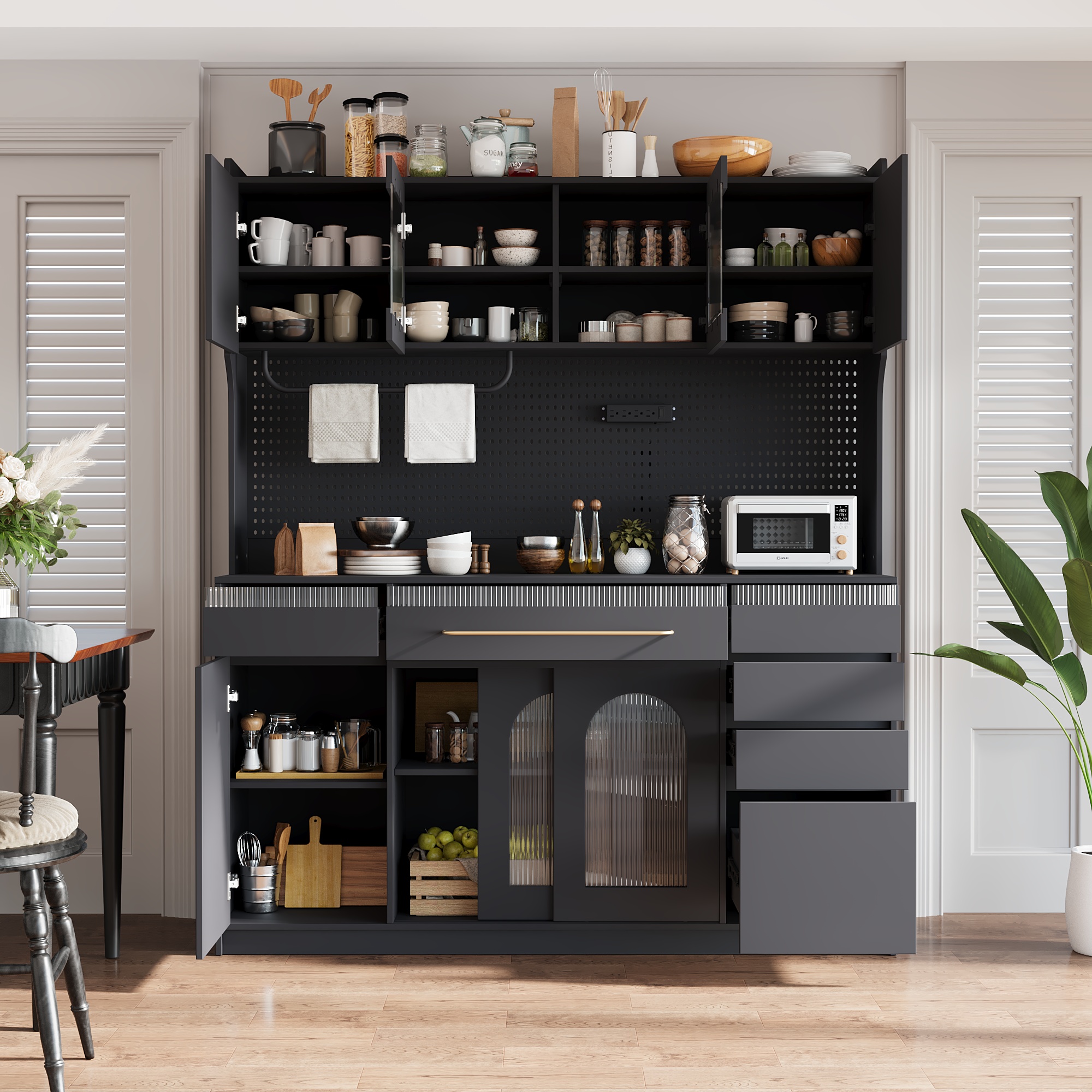 TOPMAX Buffet 63 po avec hutch, 6 tiroirs, 5 armoires, noir