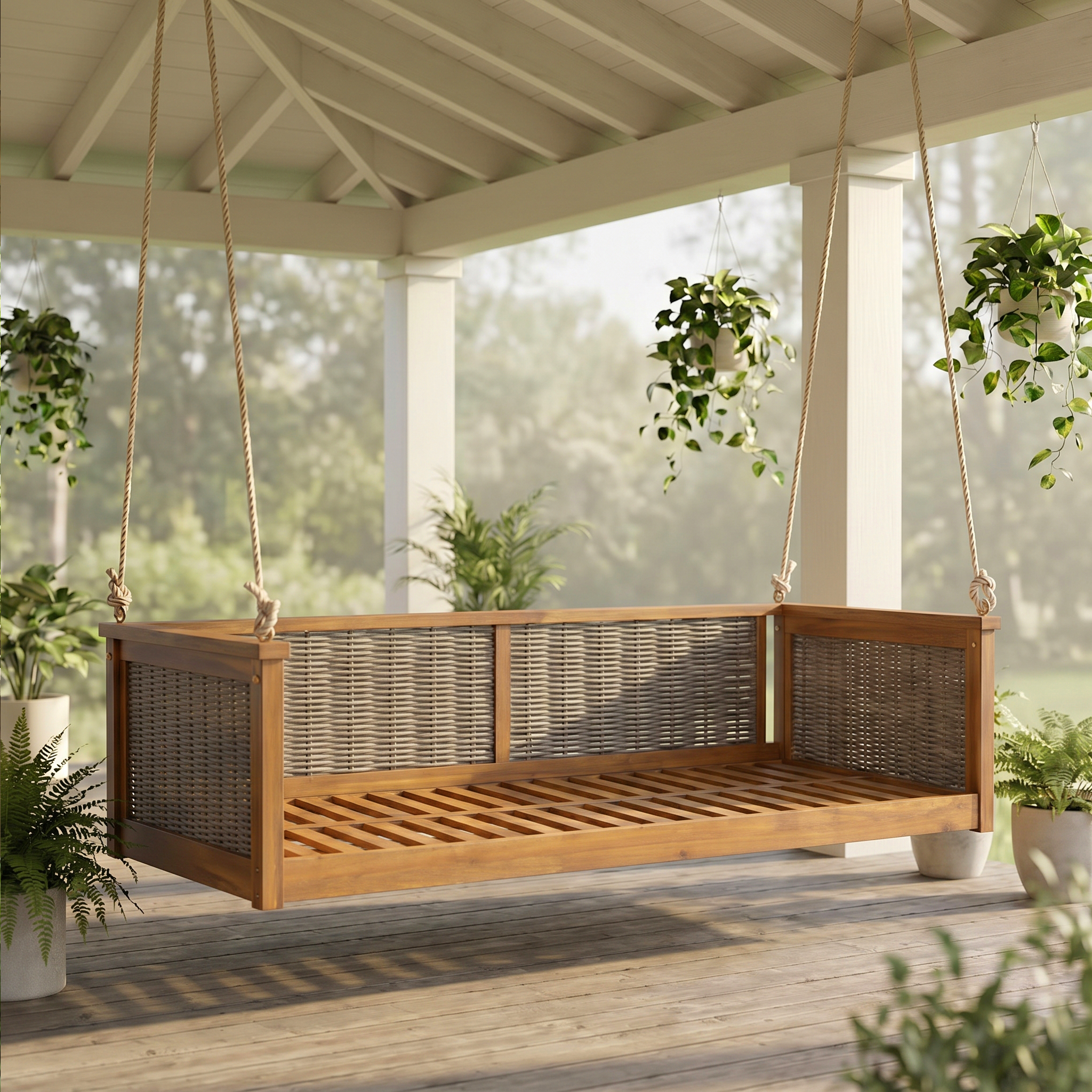 Lit balançoire bois TOPMAX, cadre rotin, TEAK