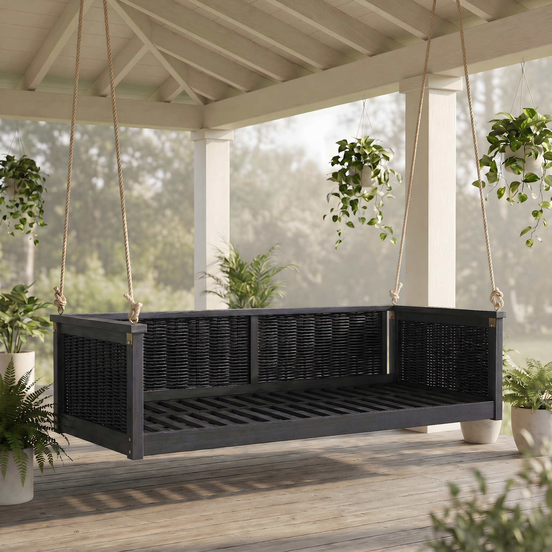 Lit balançoire TOPMAX bois massif noir avec cordes