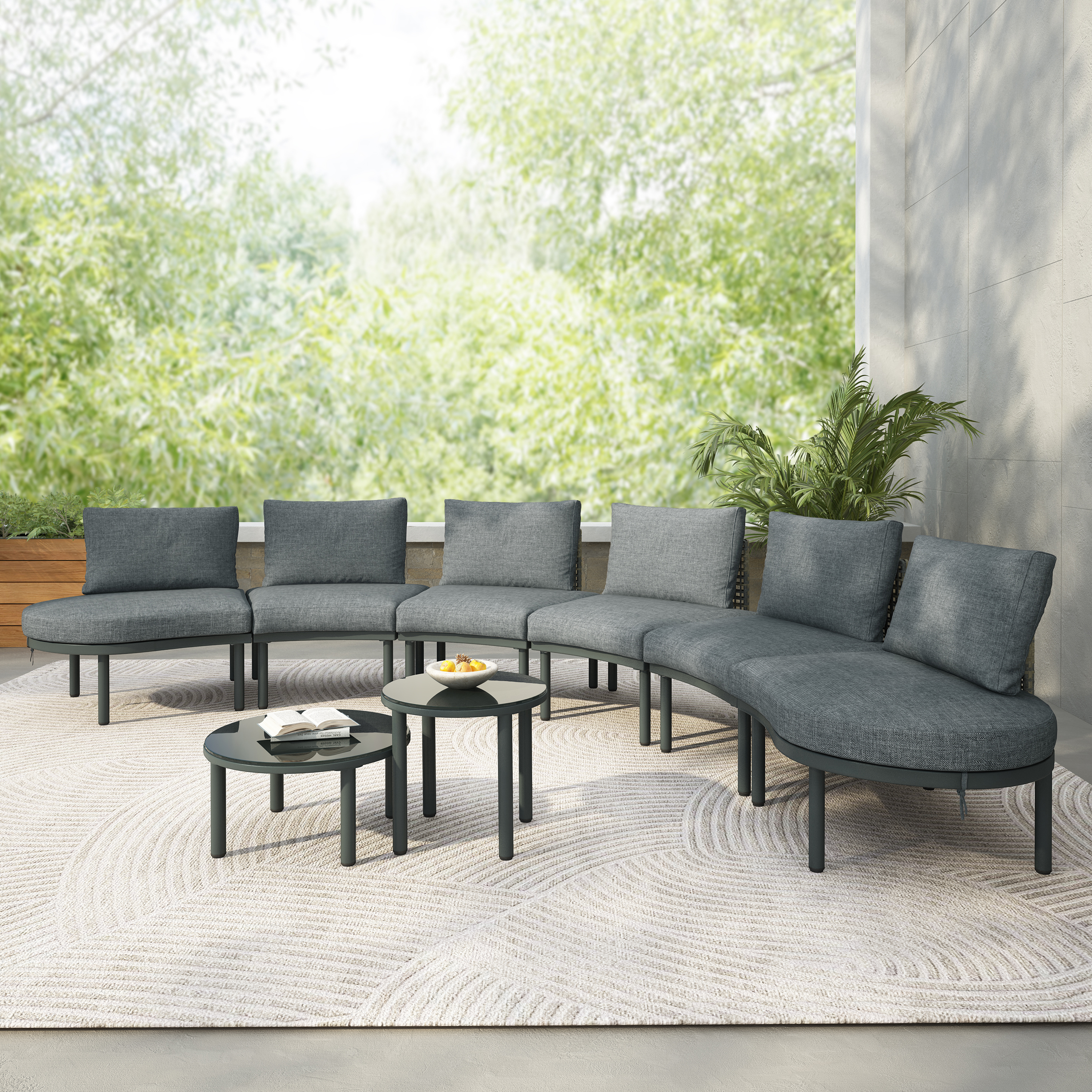 Ensemble sofa patio 8 pièces demi-lune rotin PE 2 tables verre gris