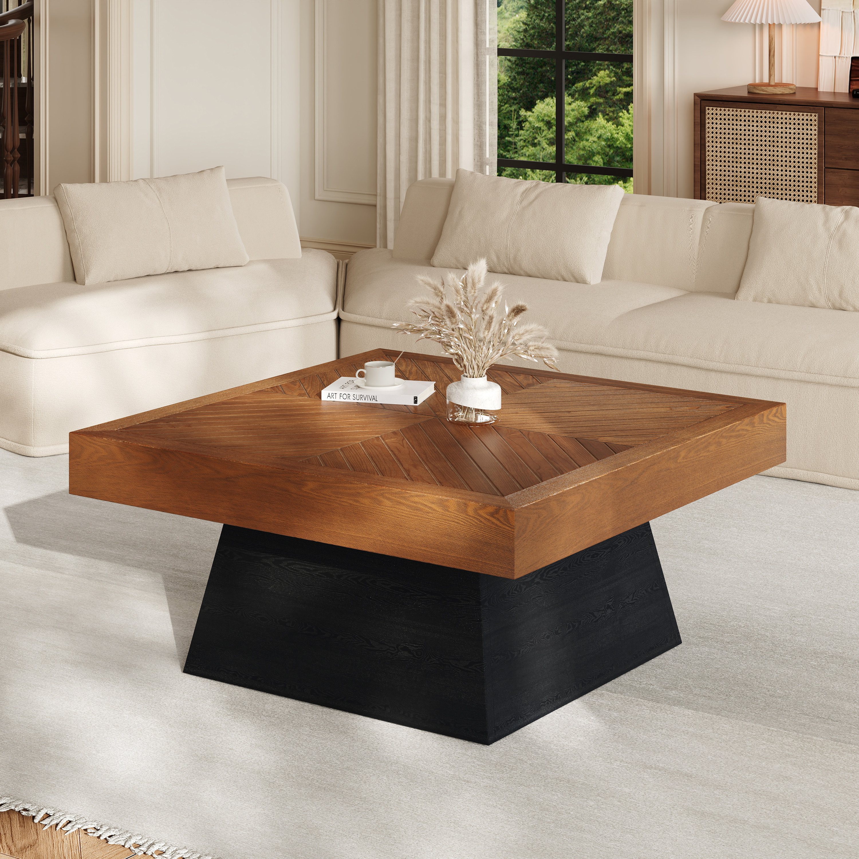 Table à café carrée moderne 31,5po, plateau bois brun, base noire