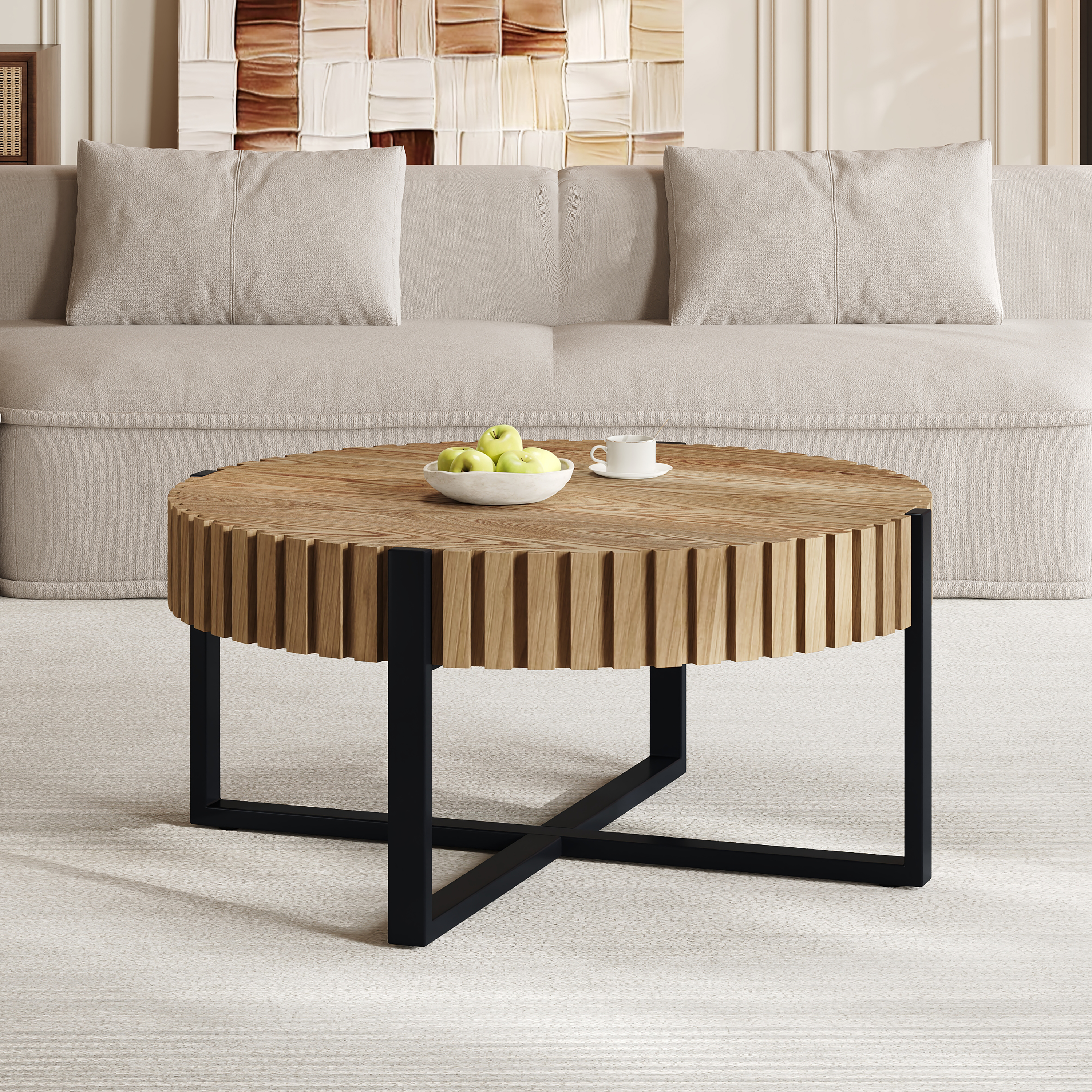 Table café ronde tambour design engrenage, base métal