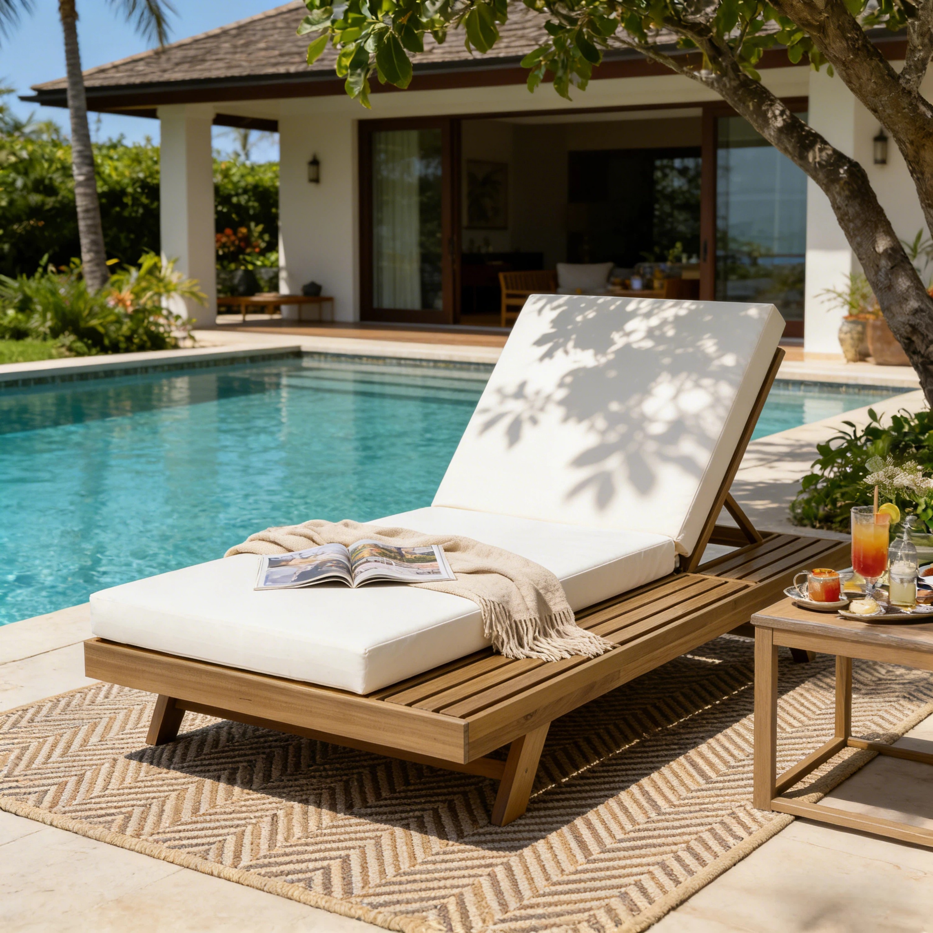 Ensemble chaise longue acacia brun clair, coussins résistants eau