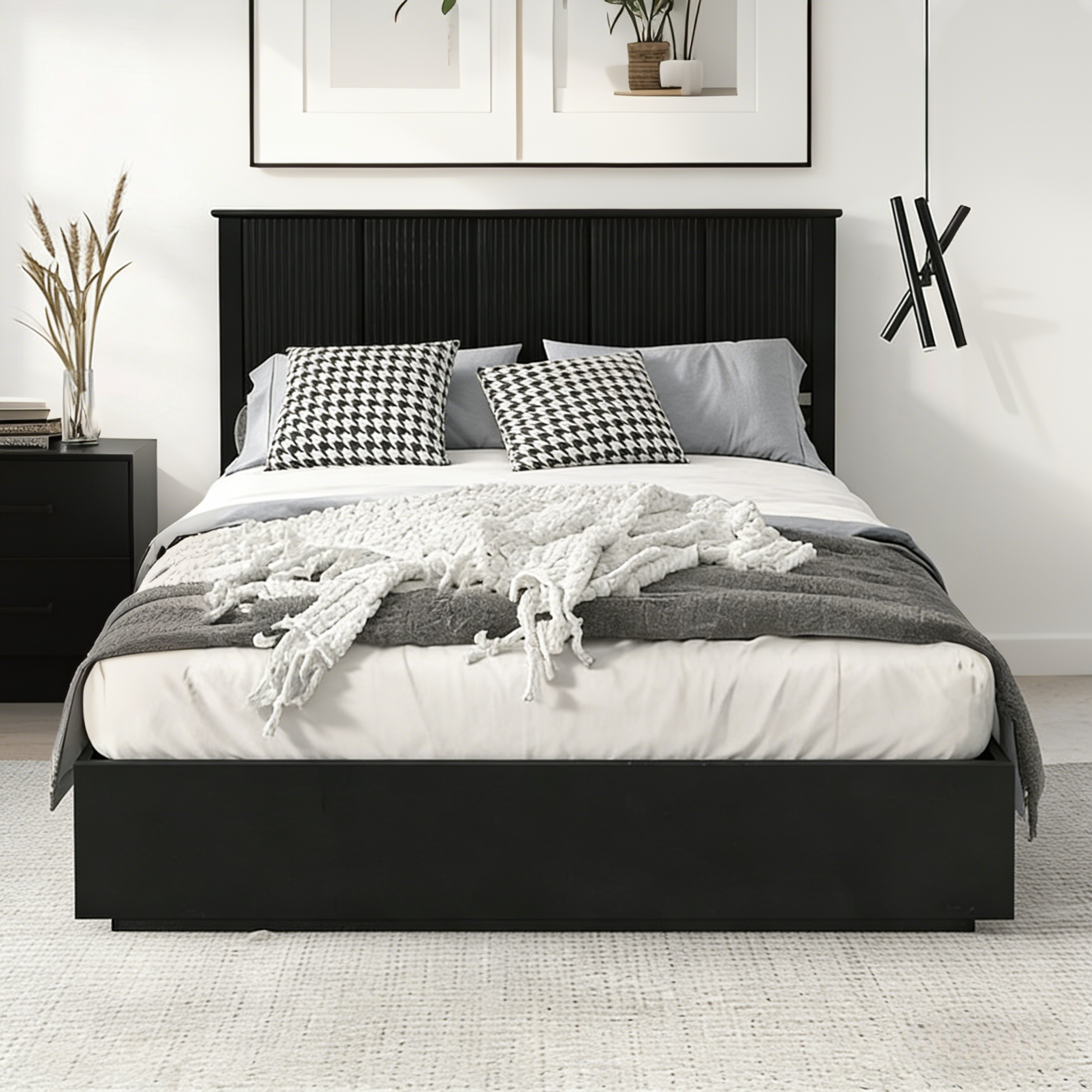 Lit queen size bois noir, 600lbs, cadre moderne chambre