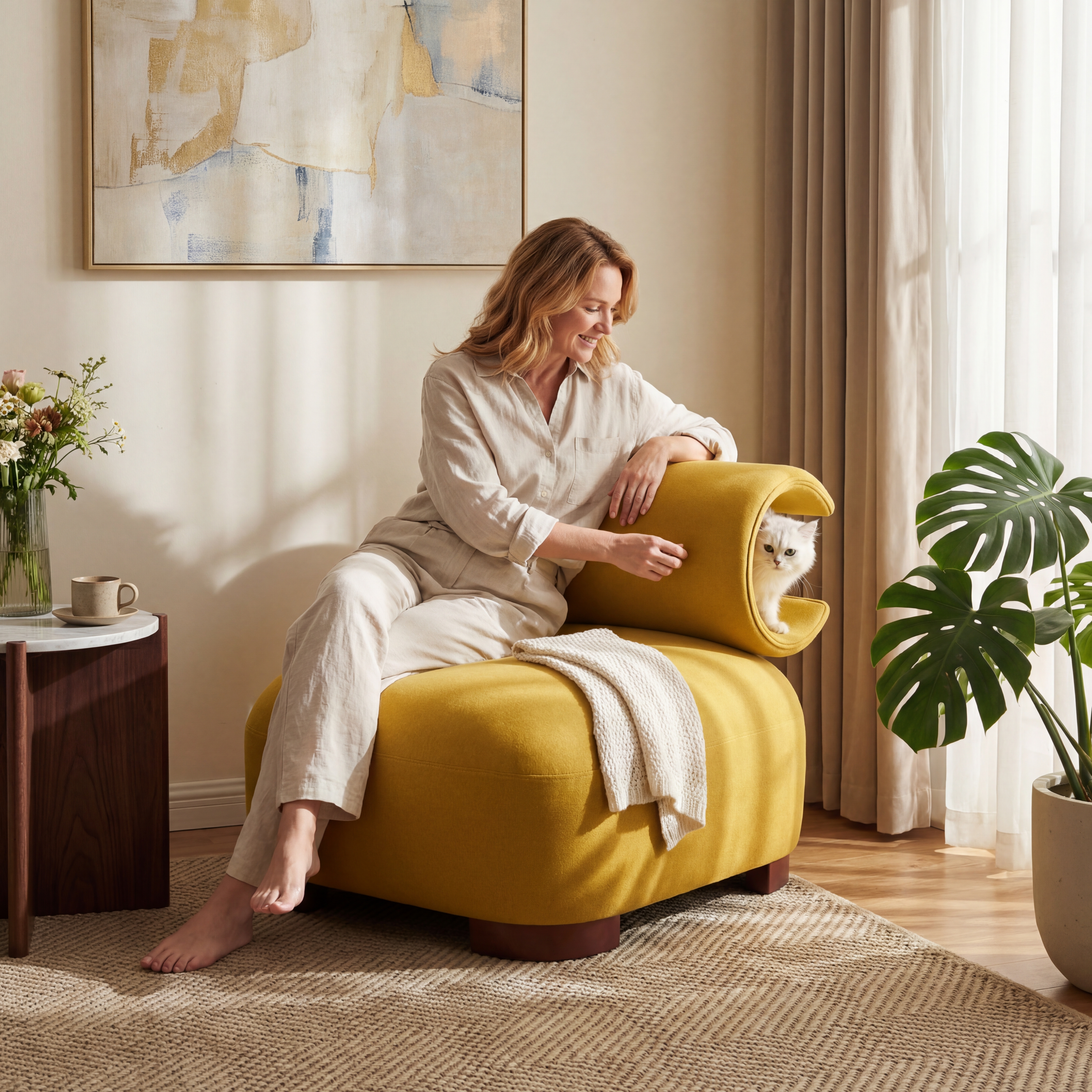 Fauteuil accent jaune polyester, capacité 330lbs, résistant animaux