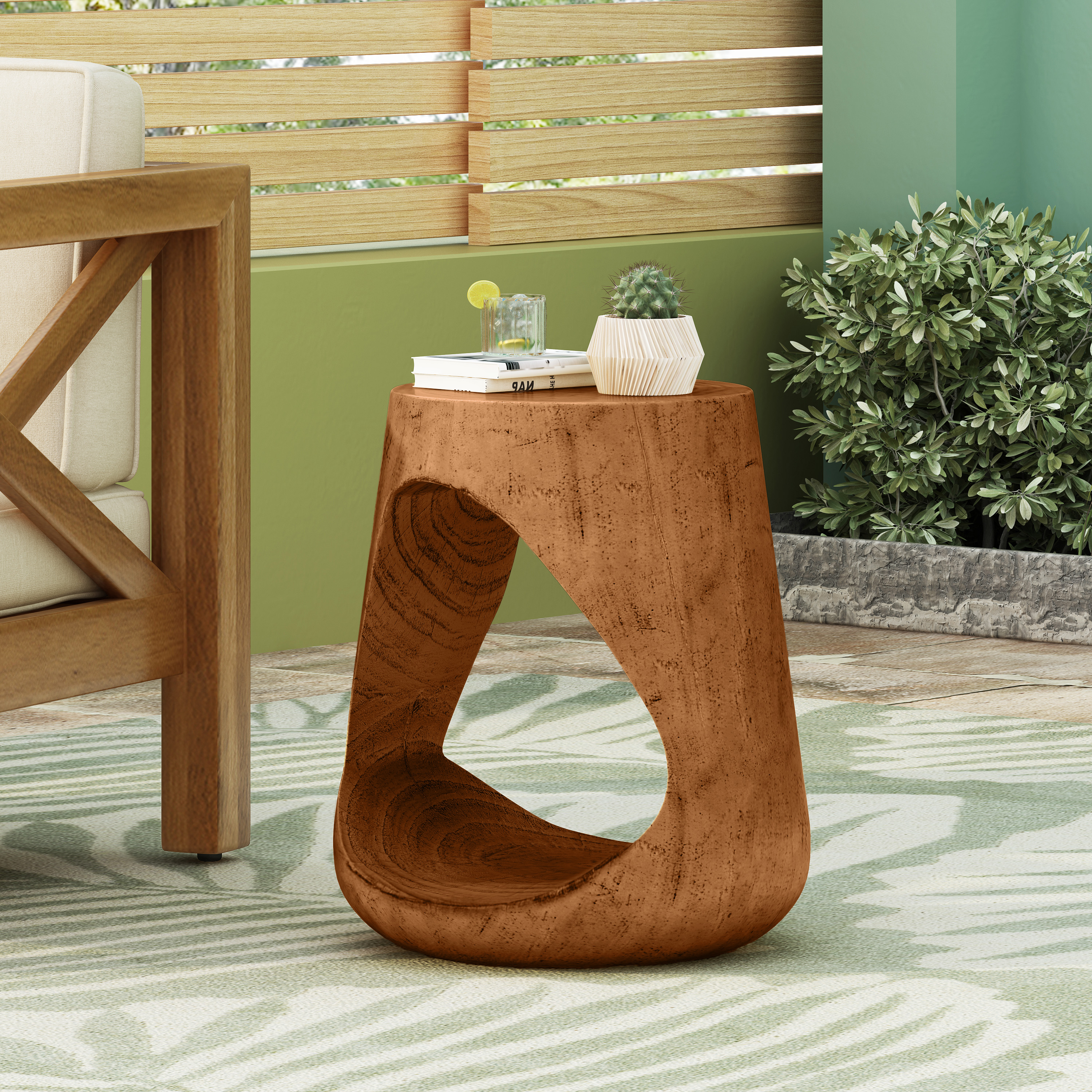 Table d'appoint MGO creuse, texture bois, brun antique