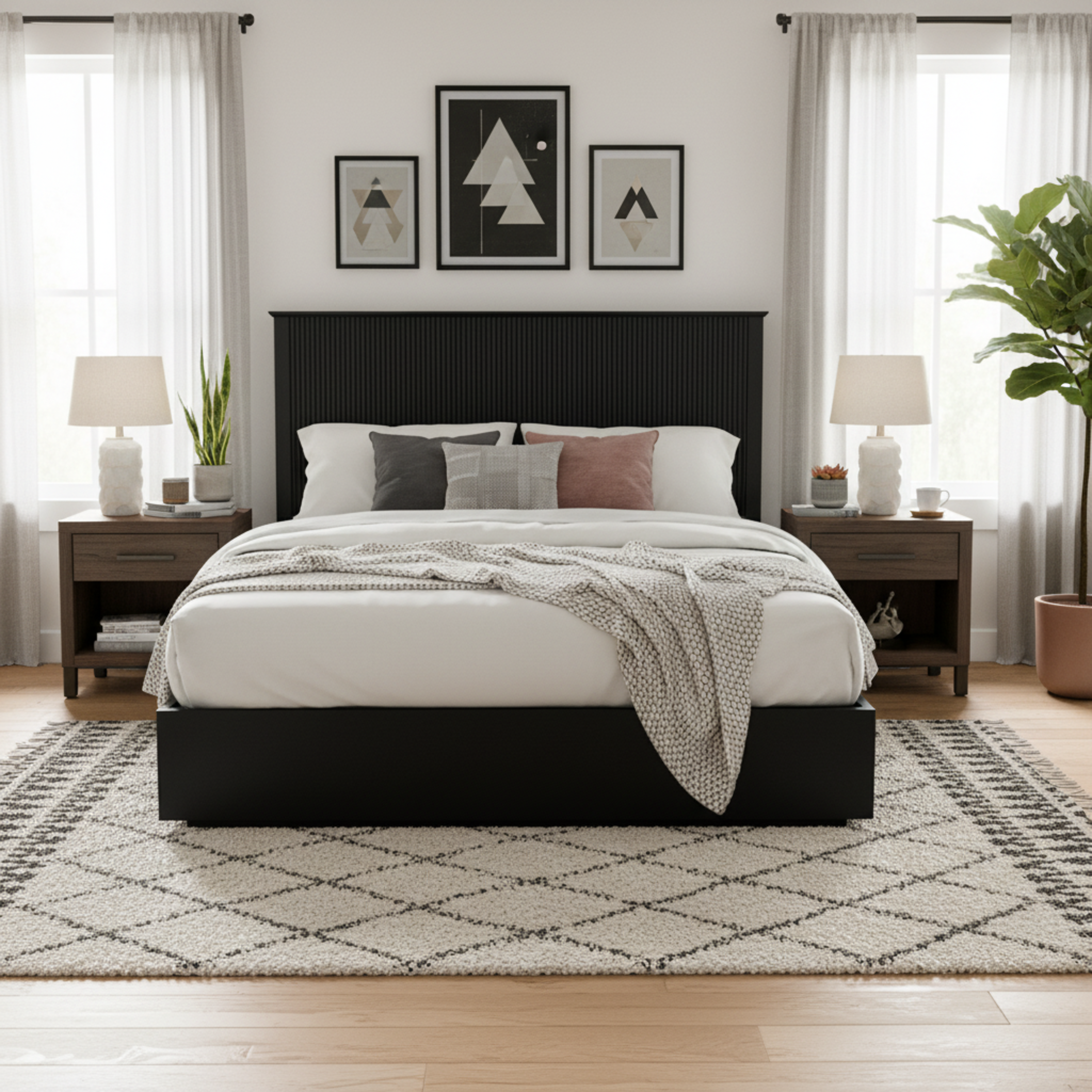 Lit king solid wood noir 600 lb, contemporain