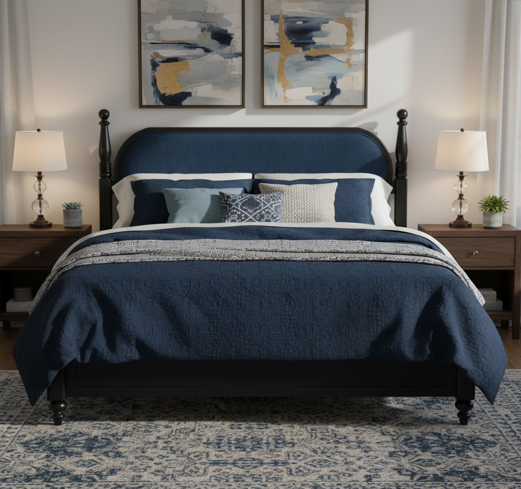 Lit king bois massif, bleu marine, sans ressorts