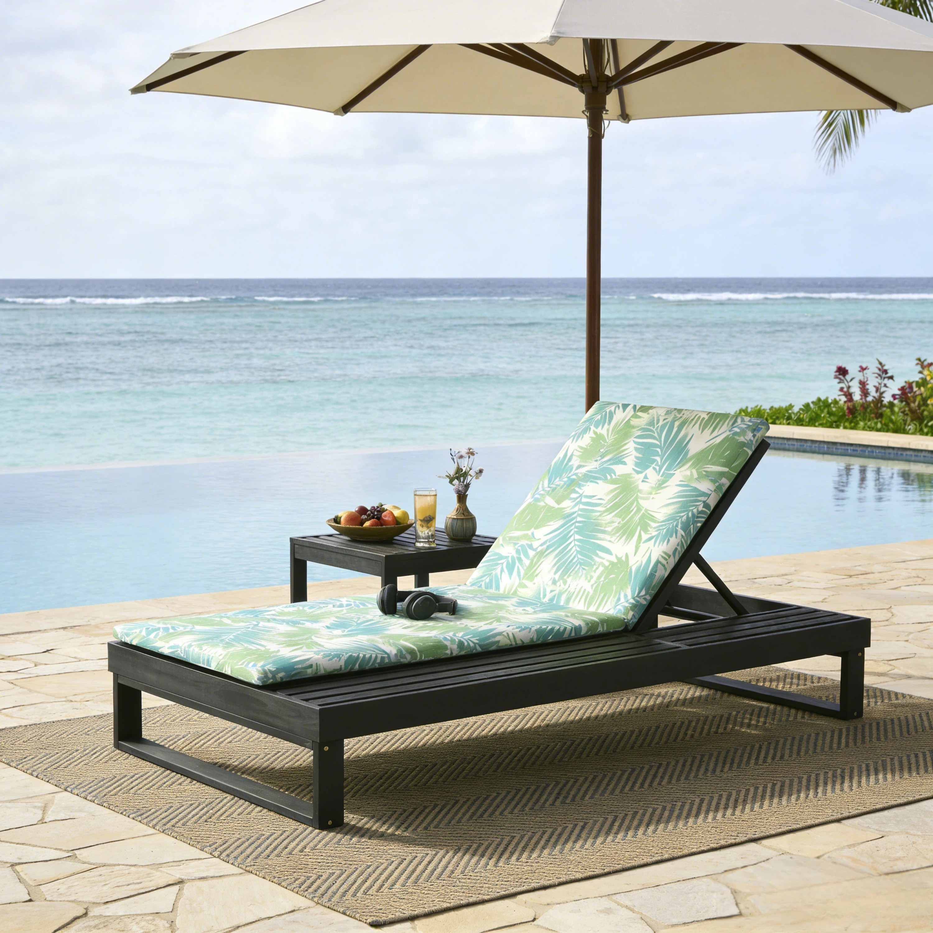 Chaise longue acacia, coussin noix de coco 2 plis