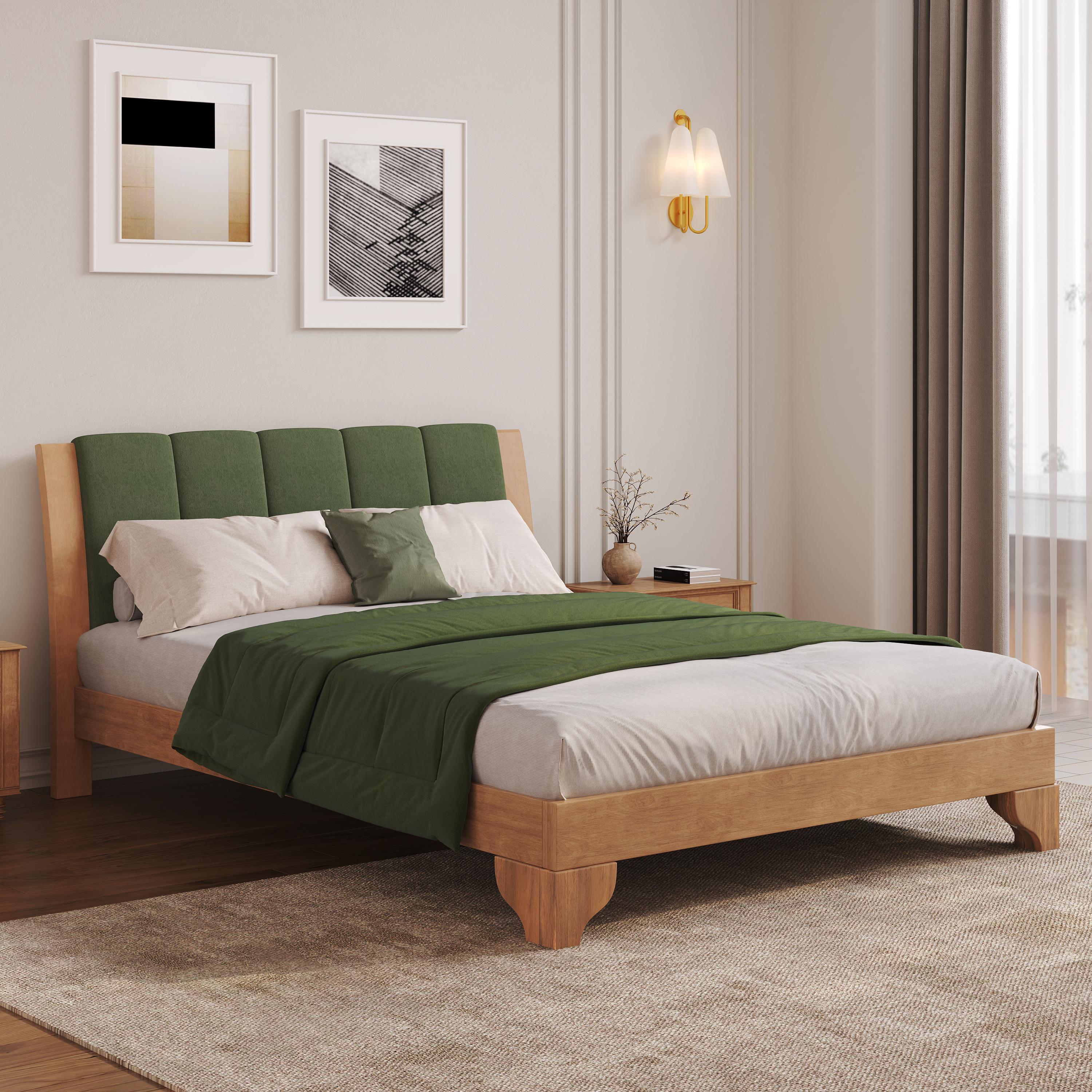 Cadre lit Queen pin massif bois naturel vert mi-siècle