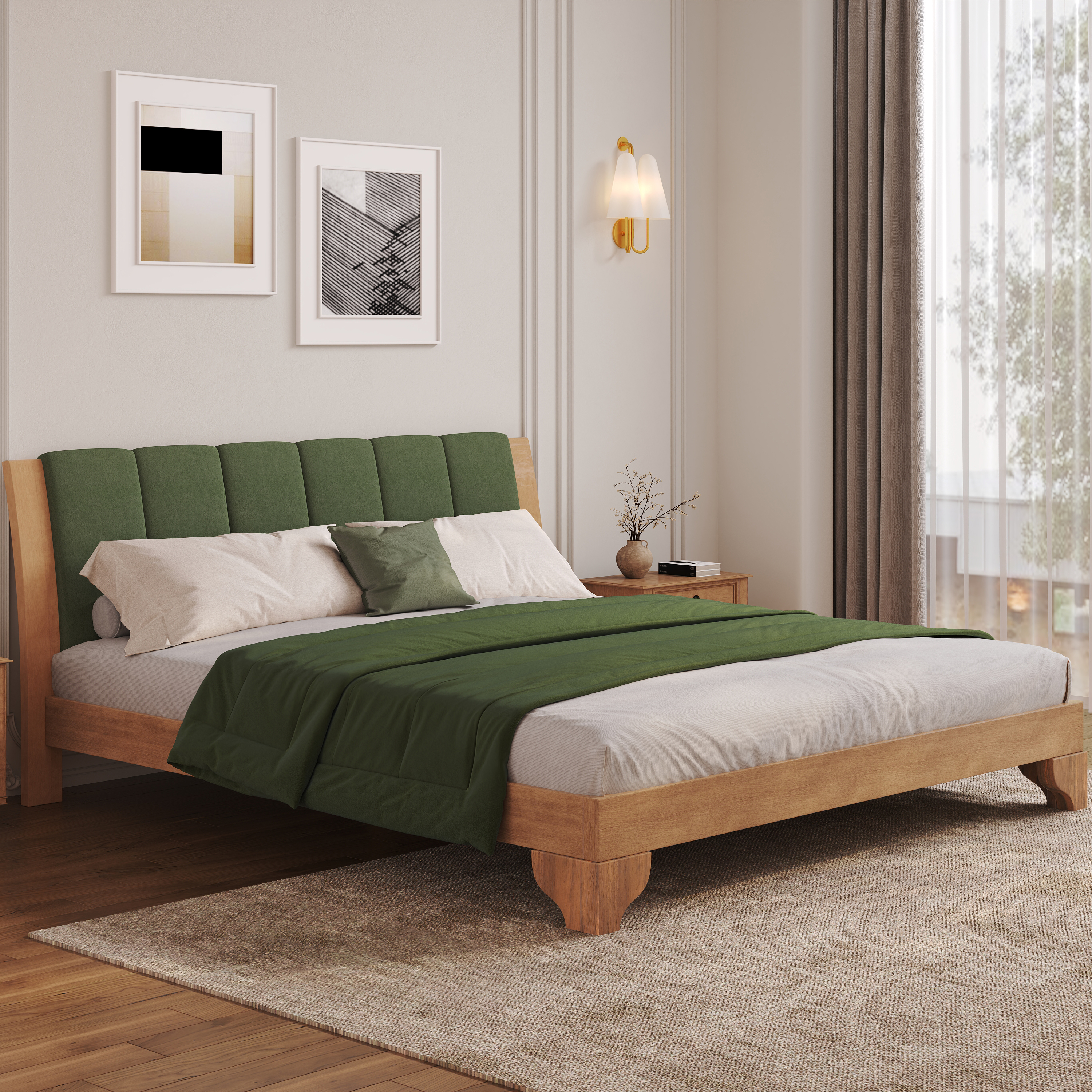 Lit grand lit en bois de pin premium avec tête de lit style mi-siècle moderne, naturel et vert