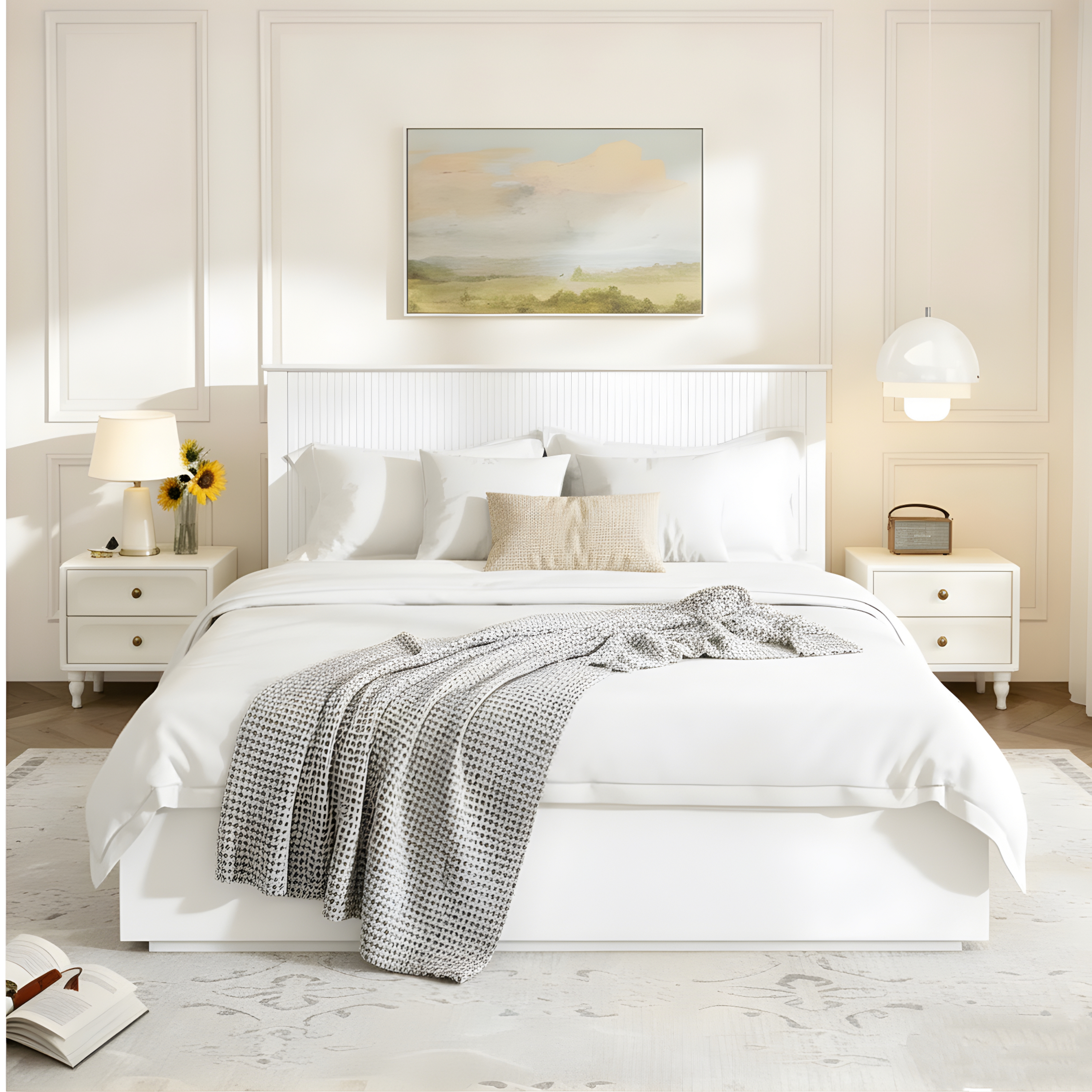 Lit queen size bois blanc, 600lbs, cadre moderne chambre
