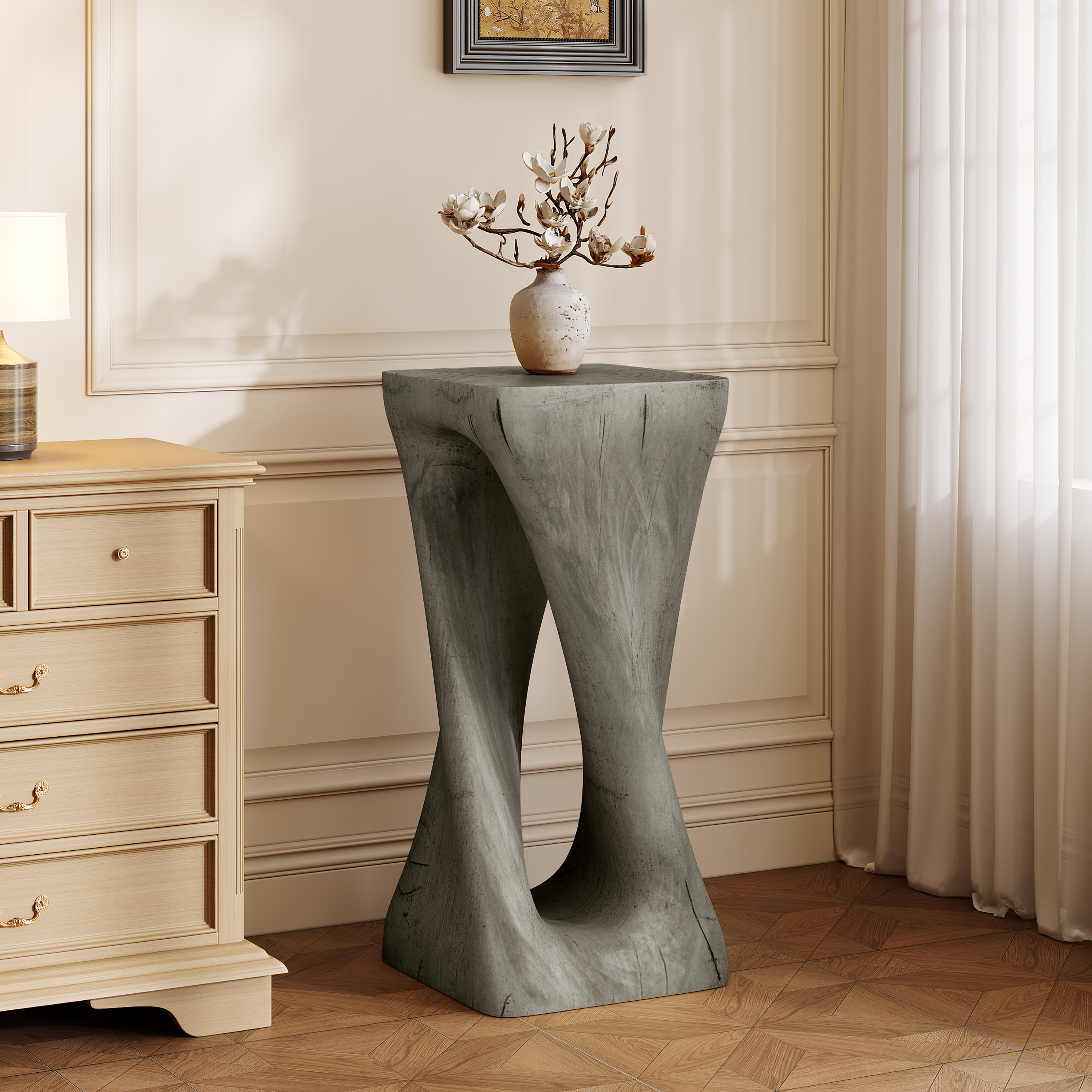 Table d'appoint extérieur torsade, béton, gris, léger