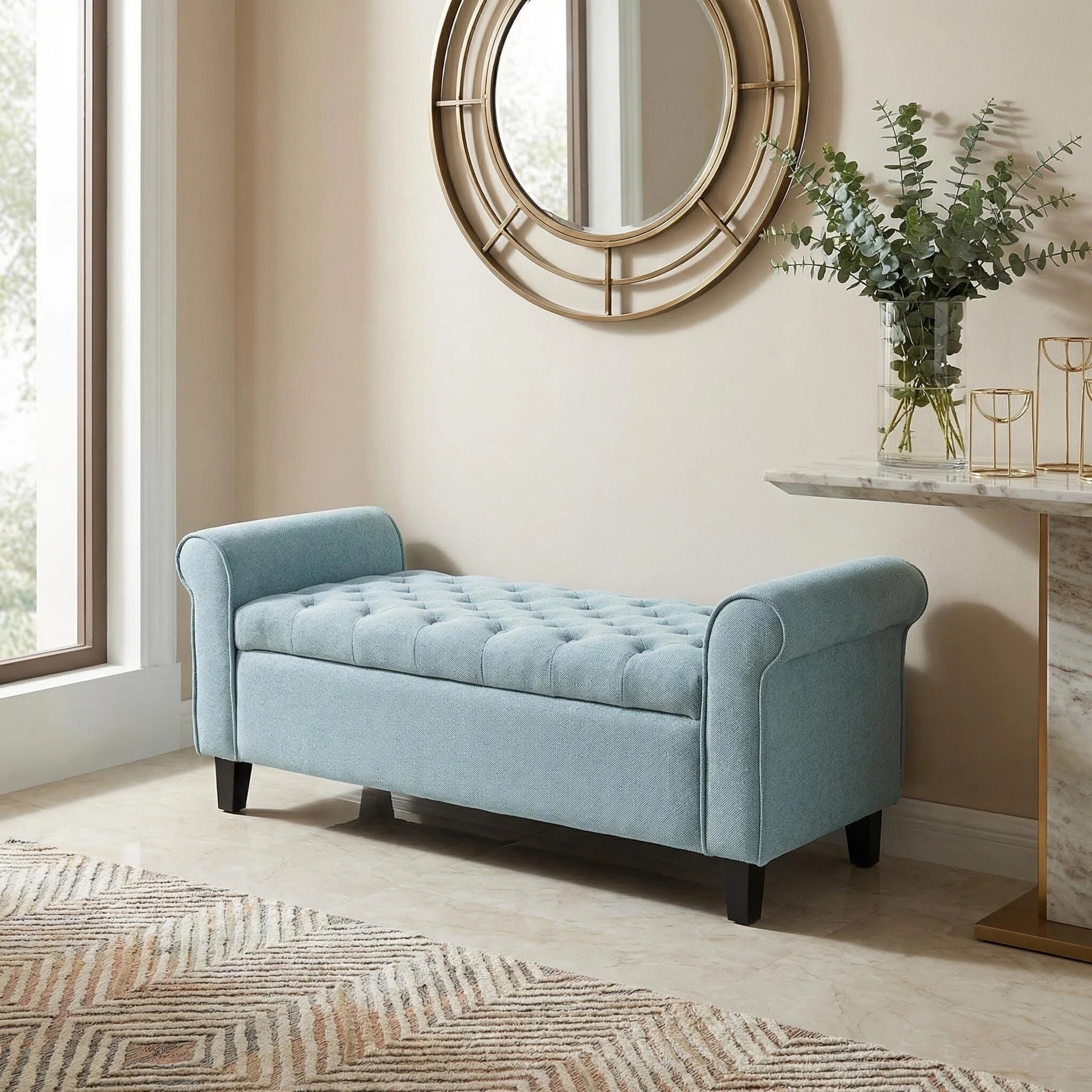 Banc rangement tissu bleu clair bras roulés 38po noir