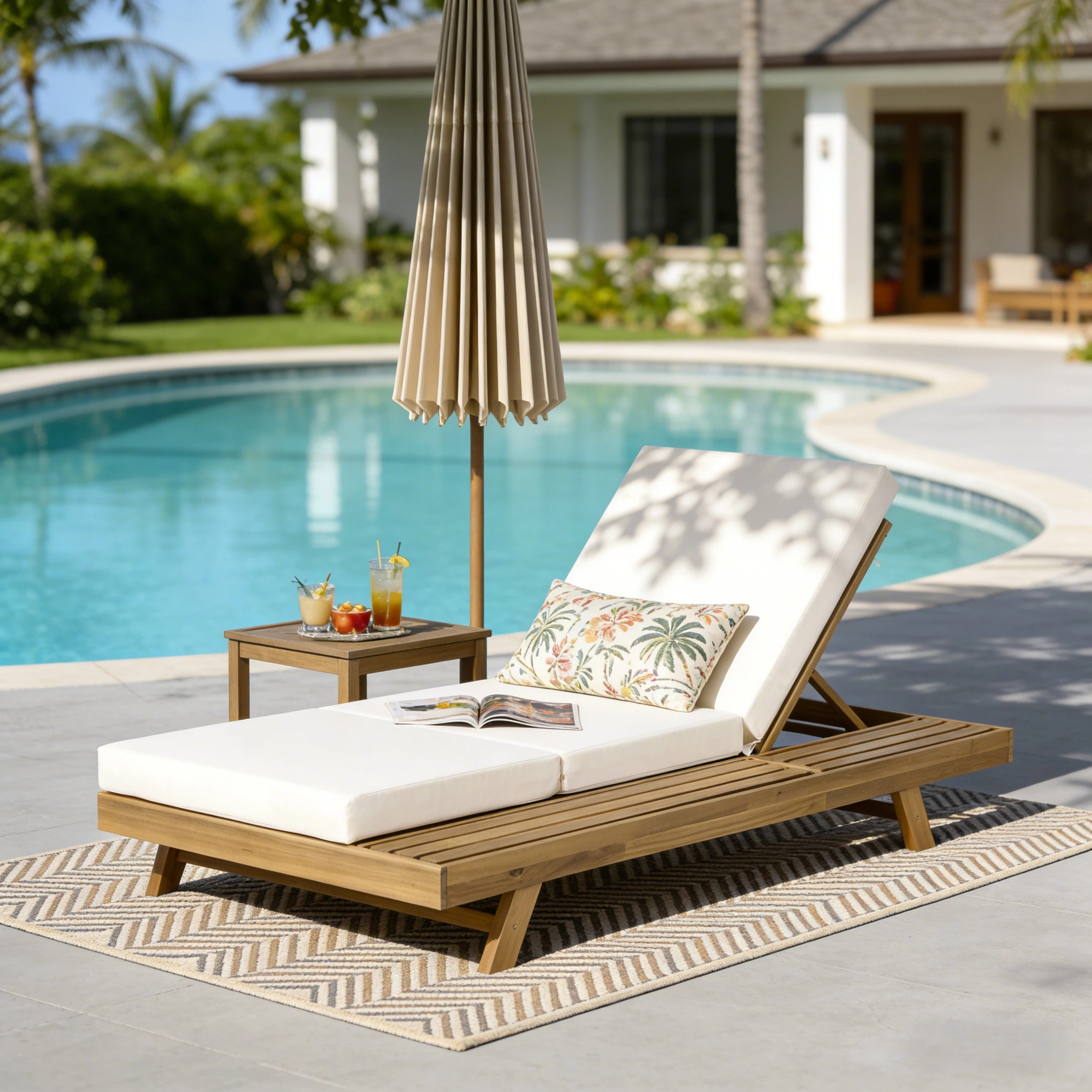Ensemble méridienne bois acacia brun clair coussin crème plis