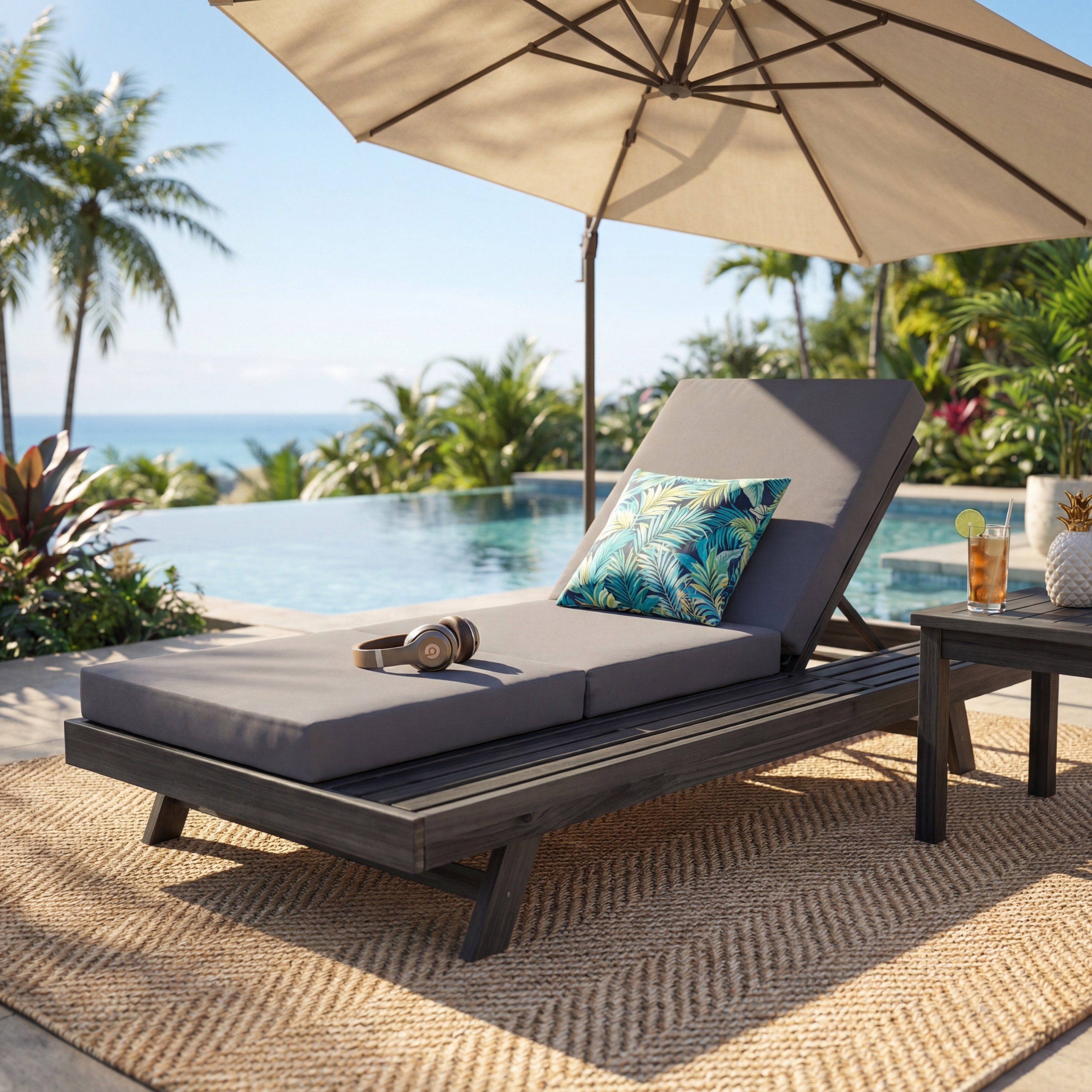 Ensemble Méridienne Bois Acacia Noir Coussin Gris