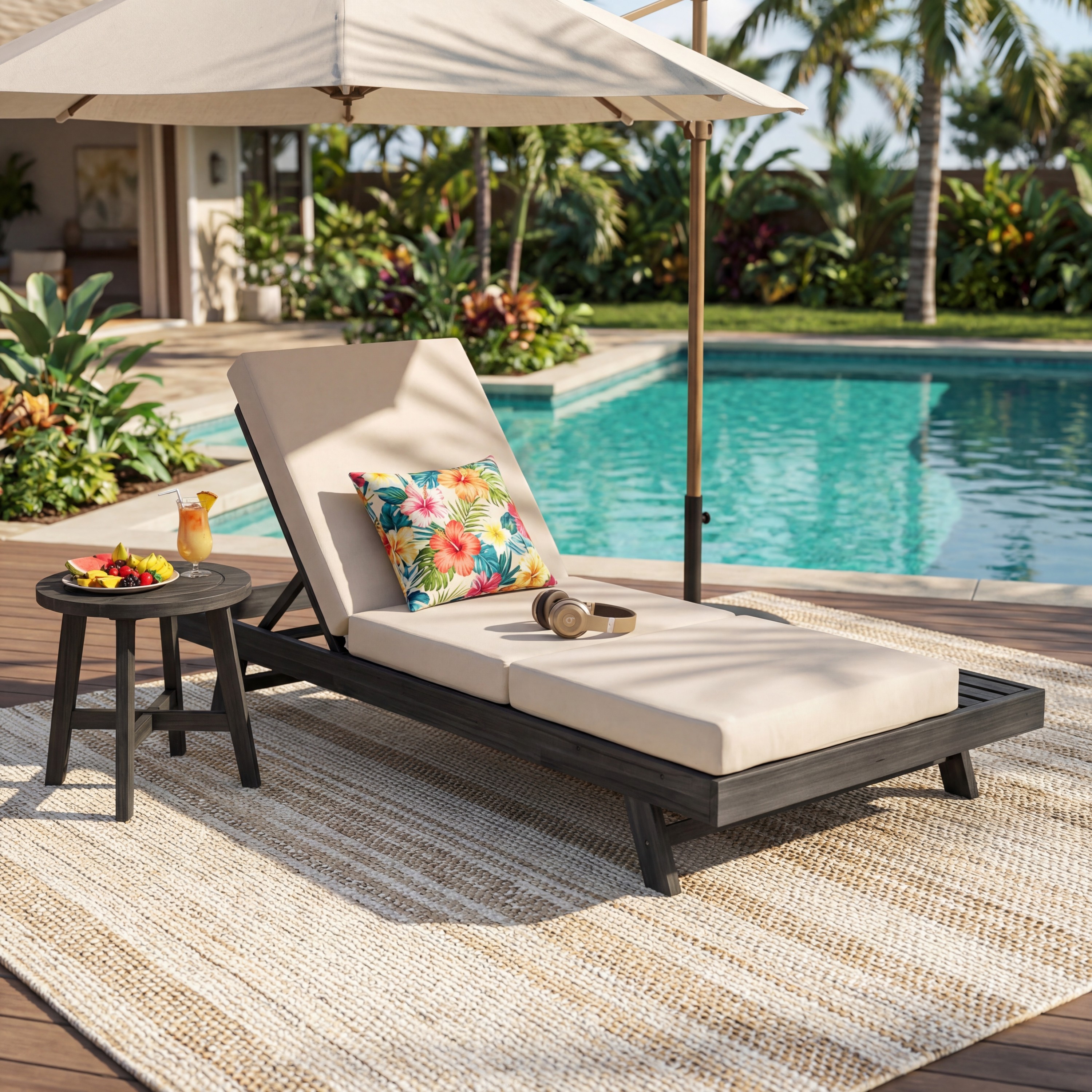 Ensemble méridienne Acacia bois noir, coussin crème, gris disponible