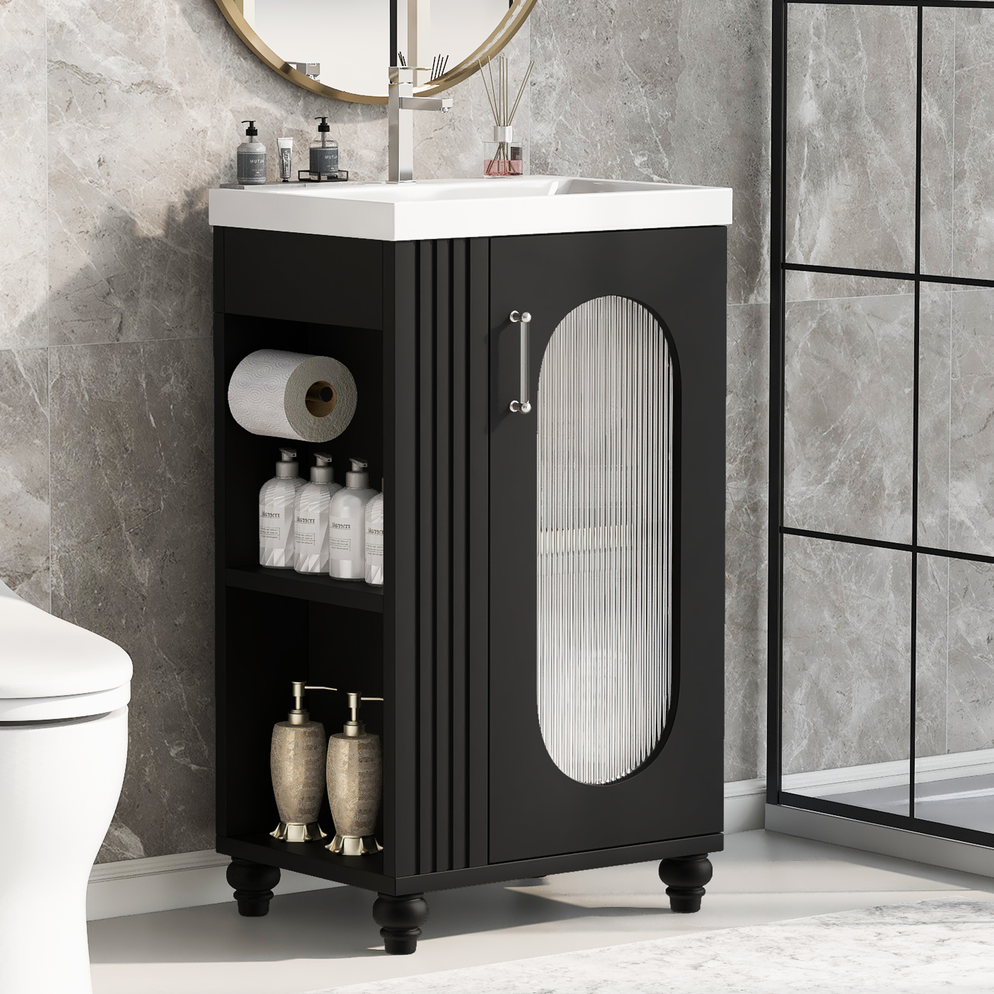 Vanité salle de bain 20", lavabo, étagère ajustable, noir