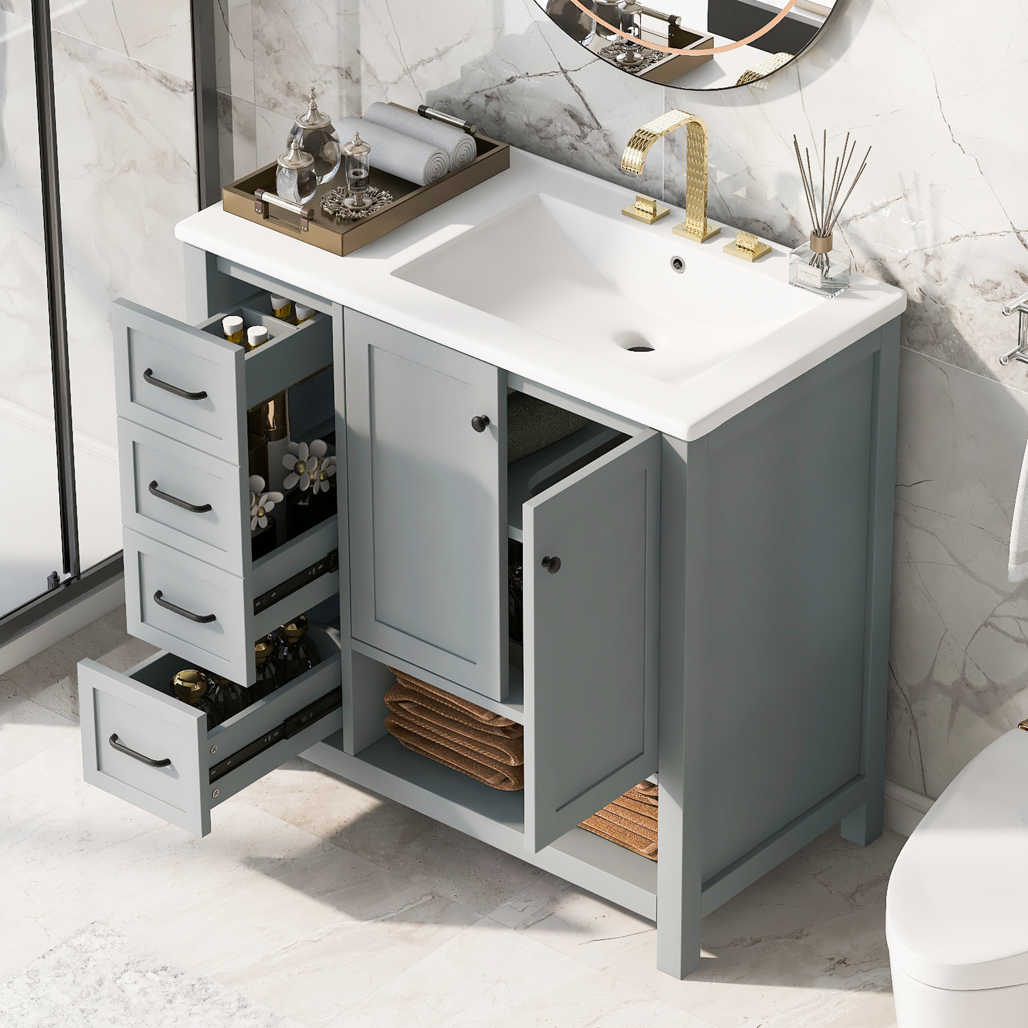 Vanité salle bain 36 po 2 portes/2 tiroirs gris