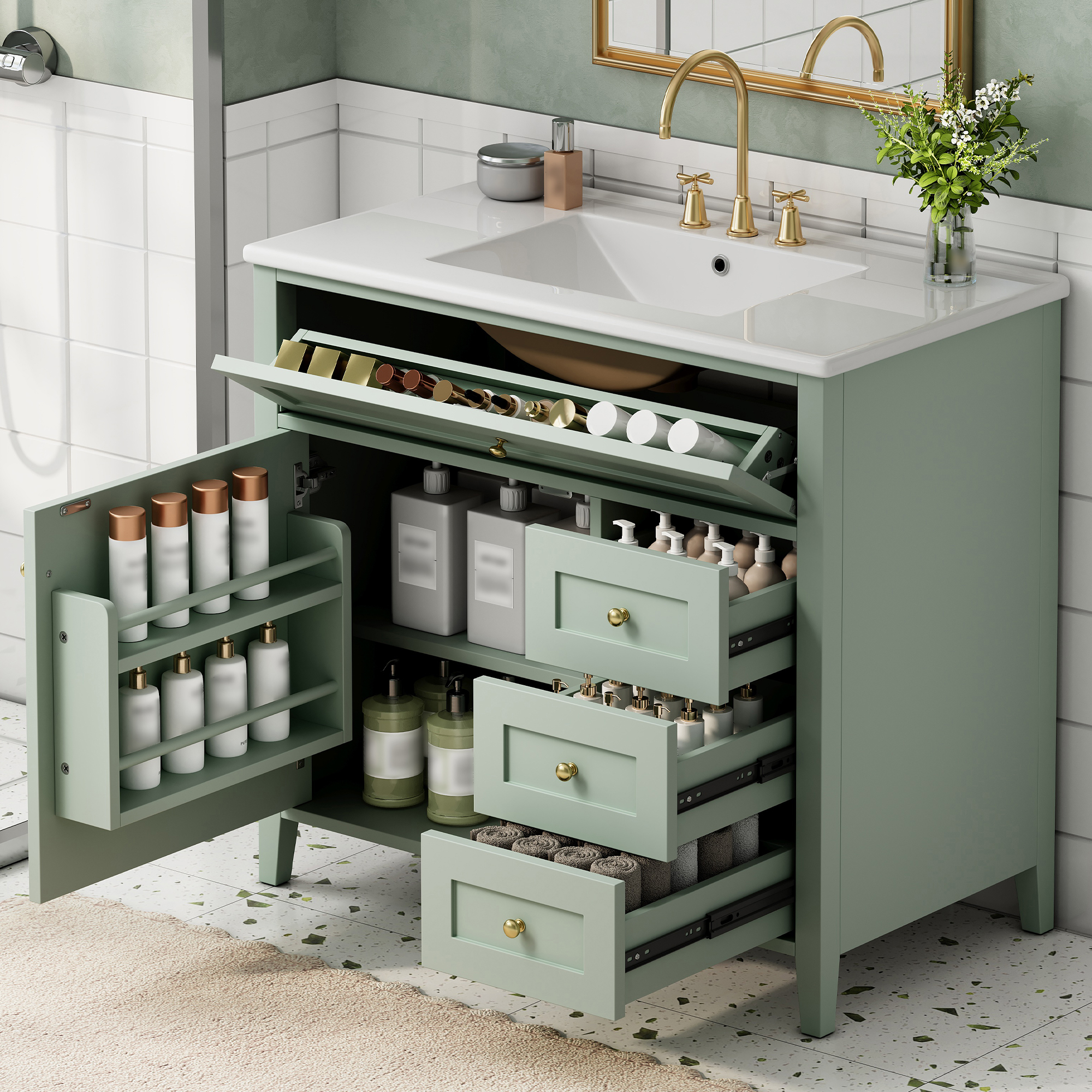 Vanité salle bain 36" vert, 3 tiroirs, MDF, porte gauche