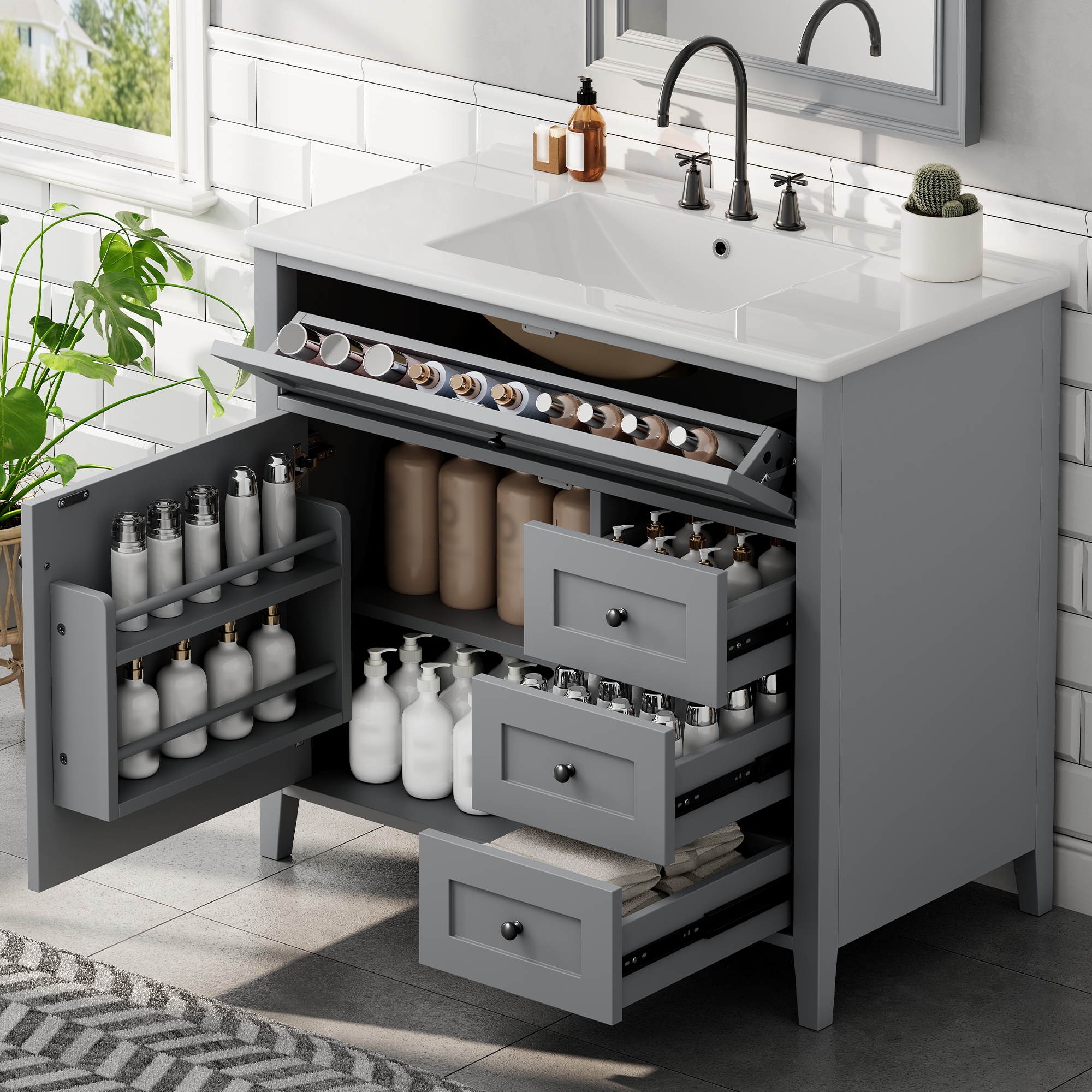 Vanité salle bain gris 36po 3 tiroirs