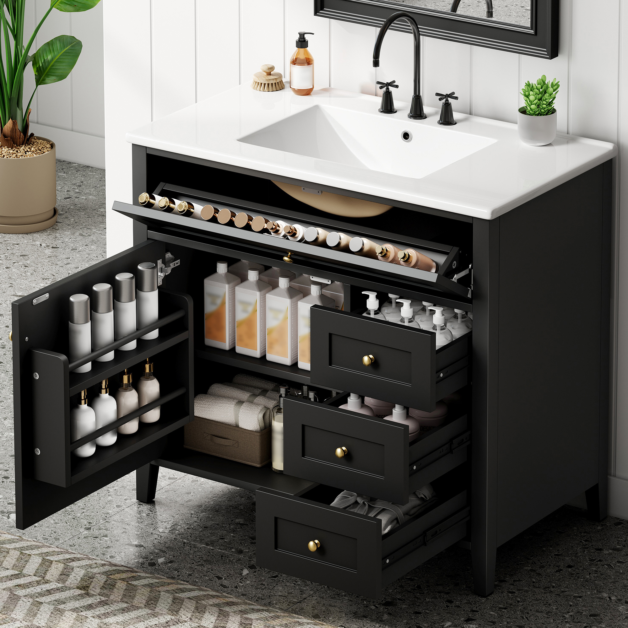 Vanité salle de bain 36 po noire MDF 3 tiroirs porte gauche