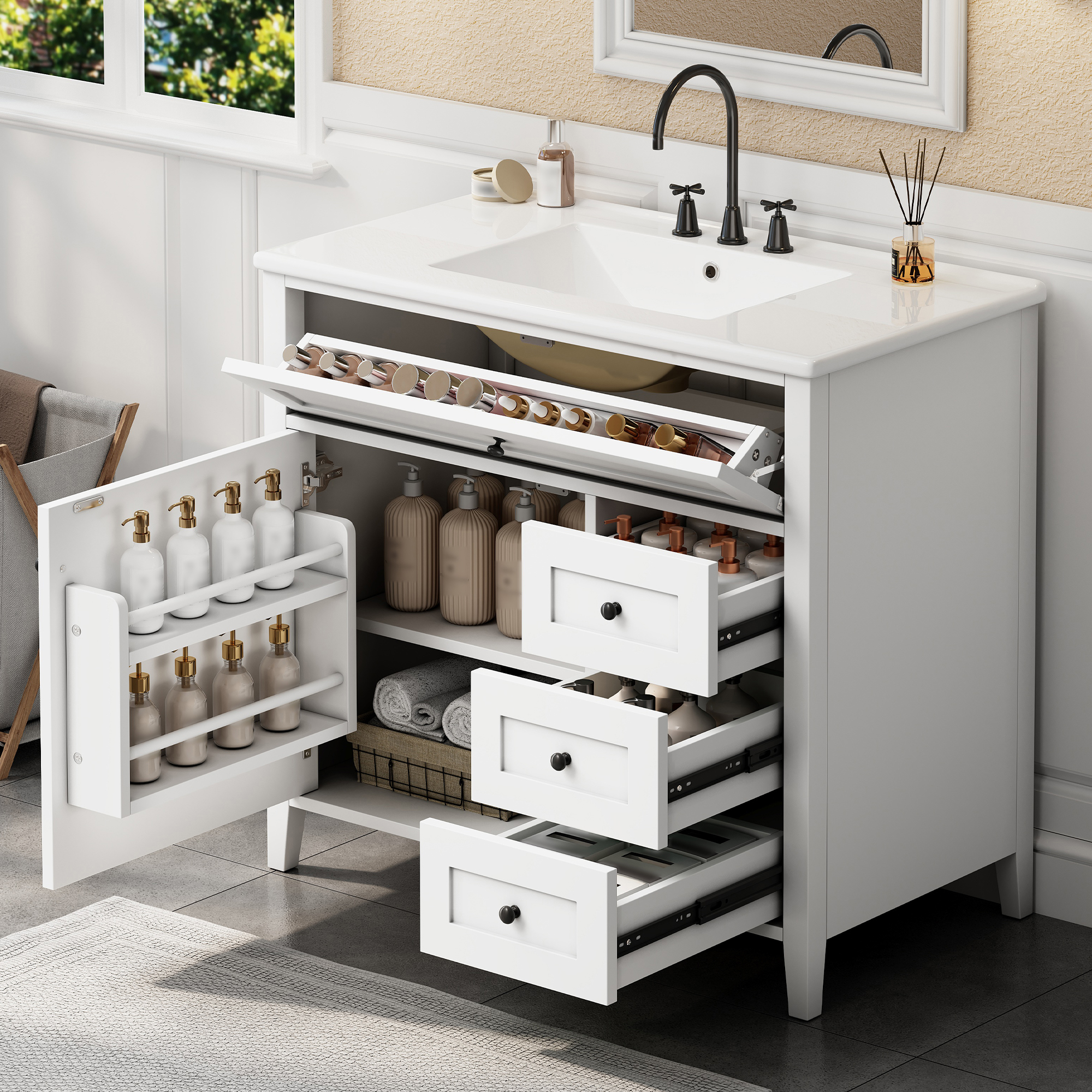 Vanité salle bain blanc 36po 3 tiroirs