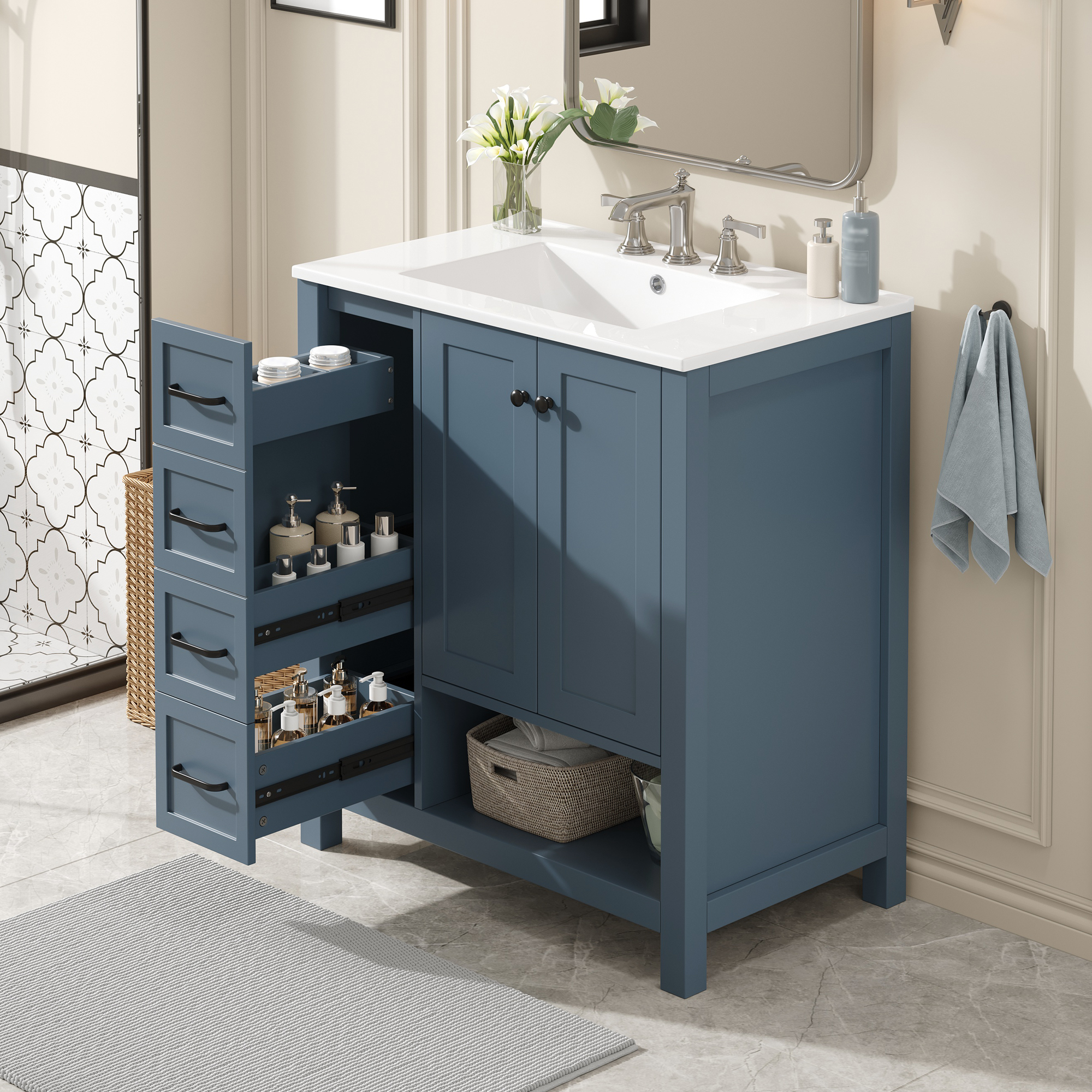 Vanité 30po 2 Portes 2 Tiroirs Bois Solide Gris Bleu