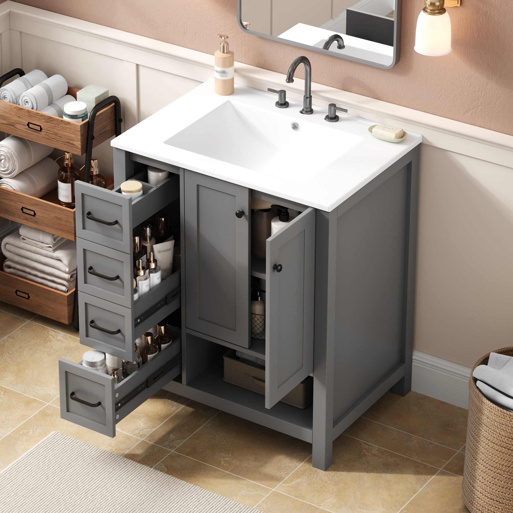 Vanité salle bain 30 po 2 portes 2 tiroirs bois gris