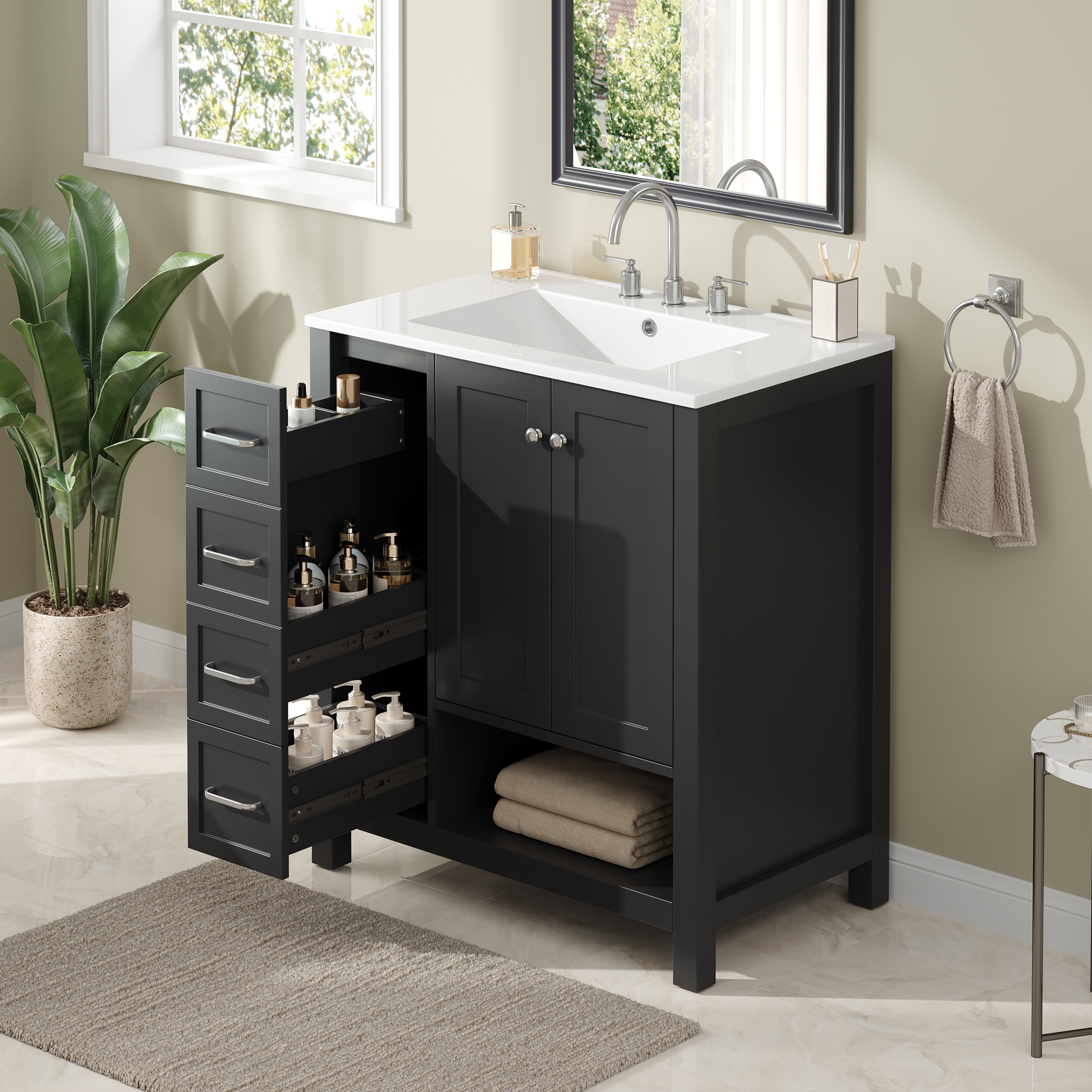 Vanité salle bain 30 po avec 2 portes 2 tiroirs, bois massif, noir