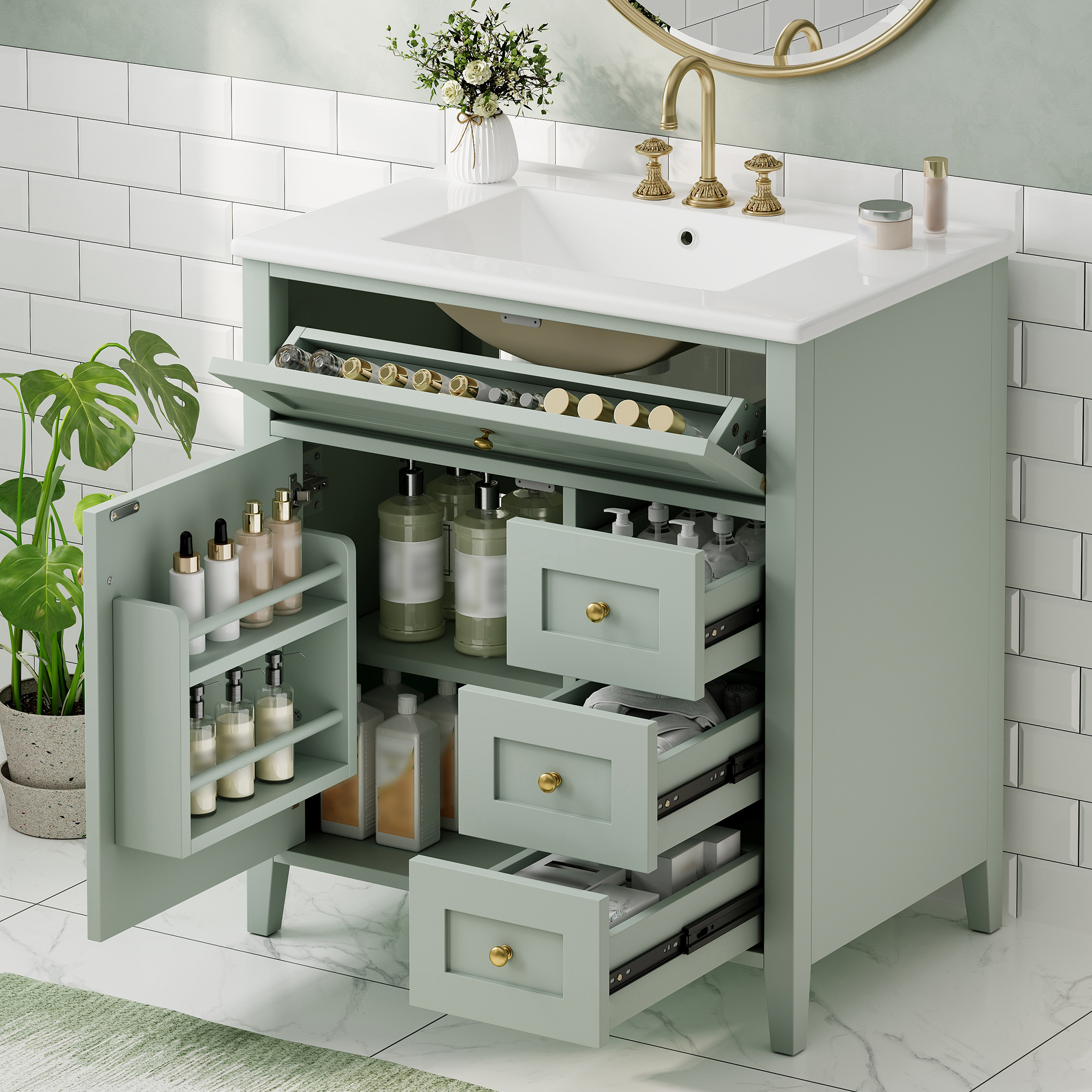 Meuble vanité salle de bain 30po vert, 3 tiroirs, MDF