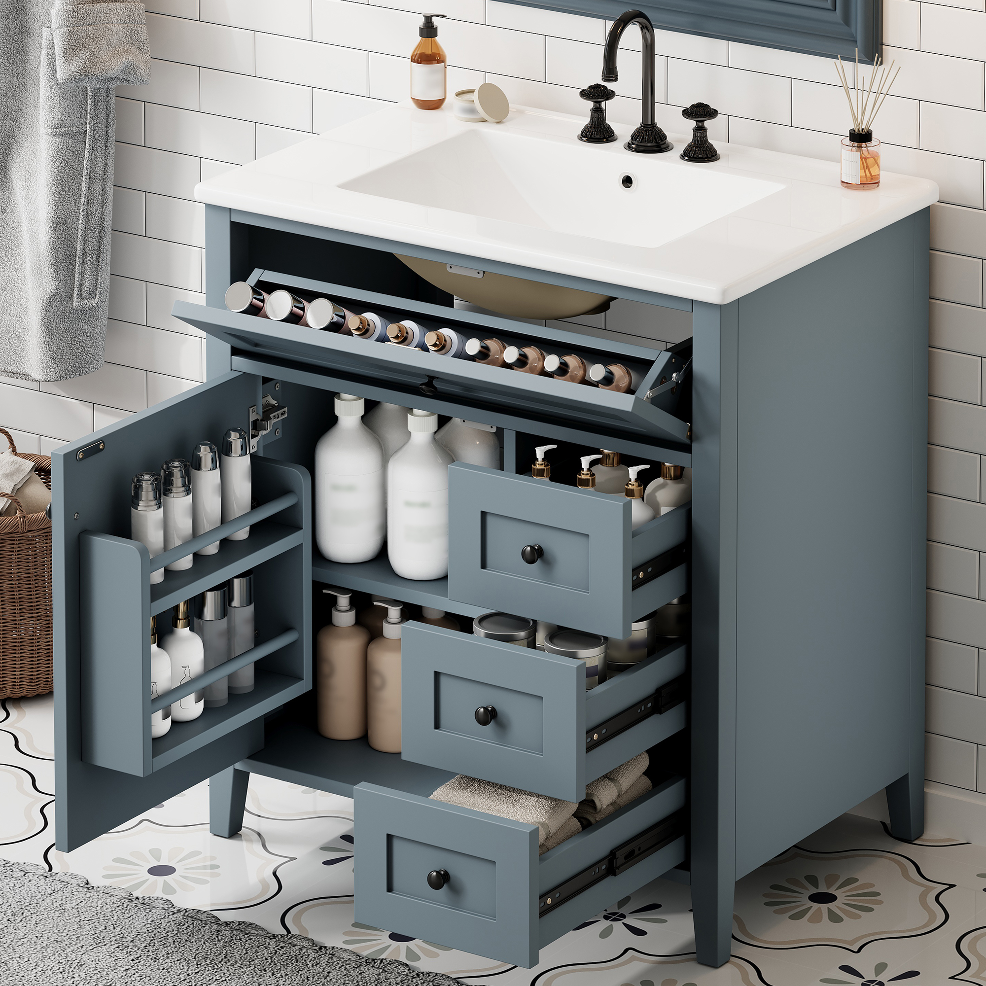 Meuble vanité salle de bain 30po gris-bleu, 3 tiroirs, MDF